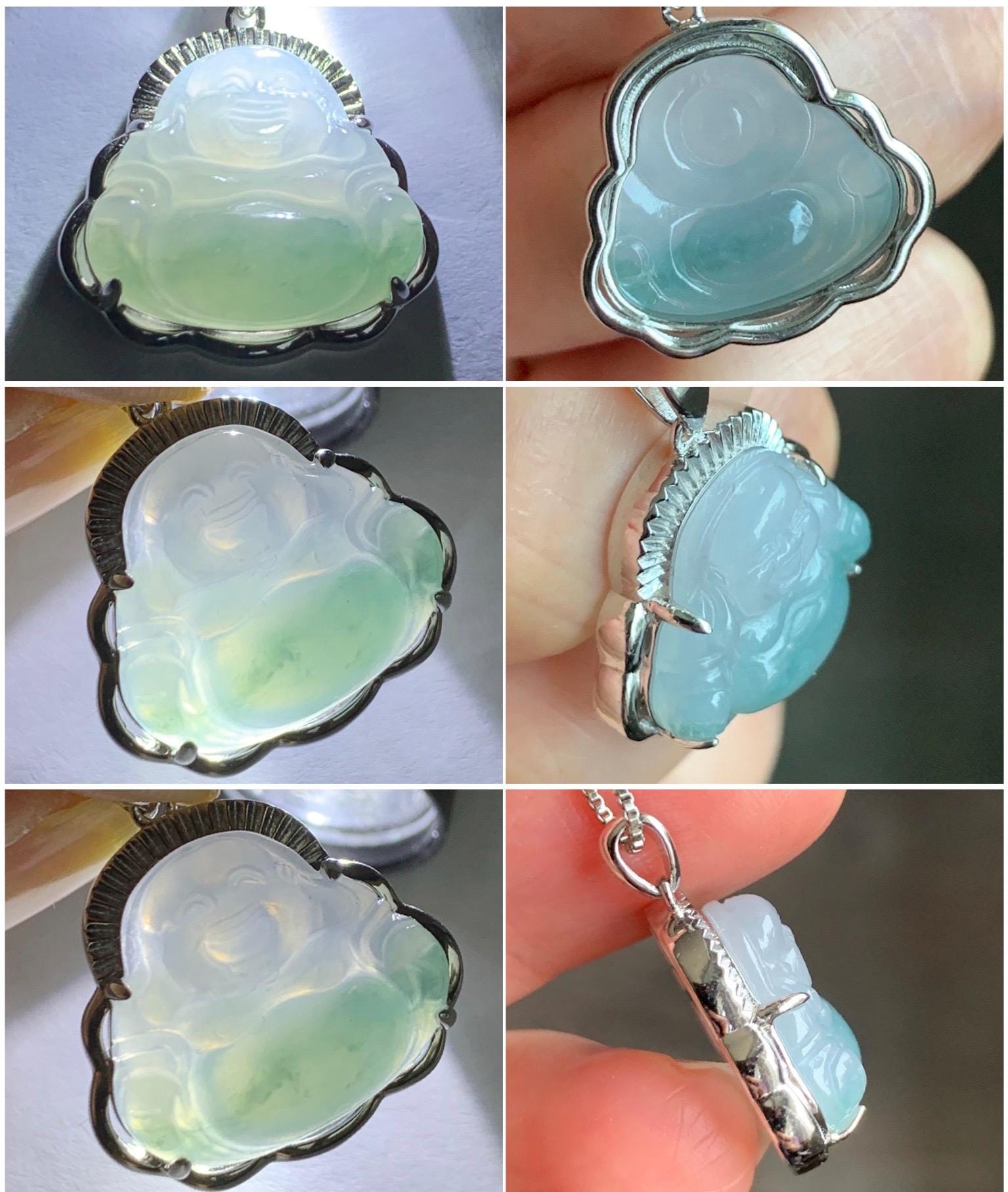 Certified Natural Grade A Icy Translucent Gelatinous Pastel Blue Marbled Jadeite Buddha Pendant Sterling Silver 3.83g 天然冰胶淡蓝飘花翡翠佛公镶嵌吊坠 8773