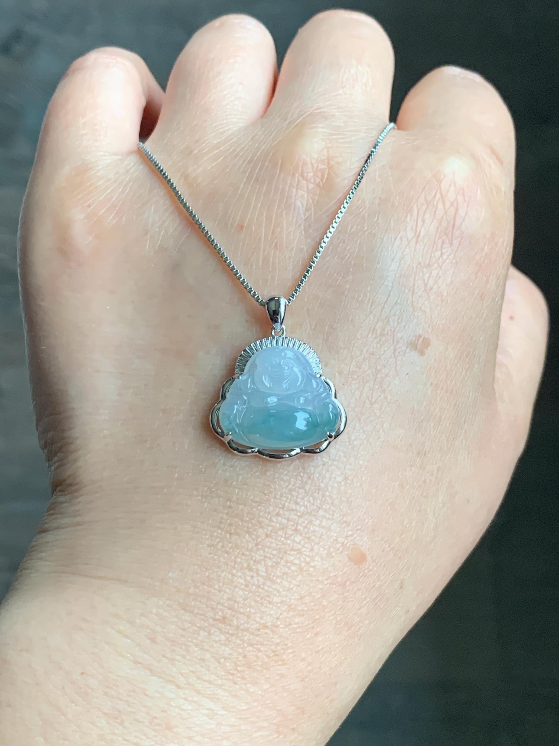 Certified Natural Grade A Icy Translucent Gelatinous Pastel Blue Marbled Jadeite Buddha Pendant Sterling Silver 3.83g 天然冰胶淡蓝飘花翡翠佛公镶嵌吊坠 8773