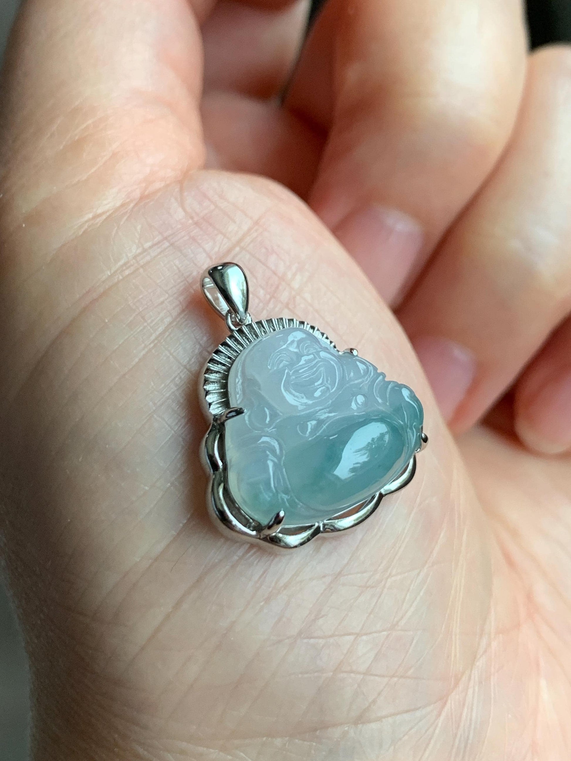 Certified Natural Grade A Icy Translucent Gelatinous Pastel Blue Marbled Jadeite Buddha Pendant Sterling Silver 3.83g 天然冰胶淡蓝飘花翡翠佛公镶嵌吊坠 8773
