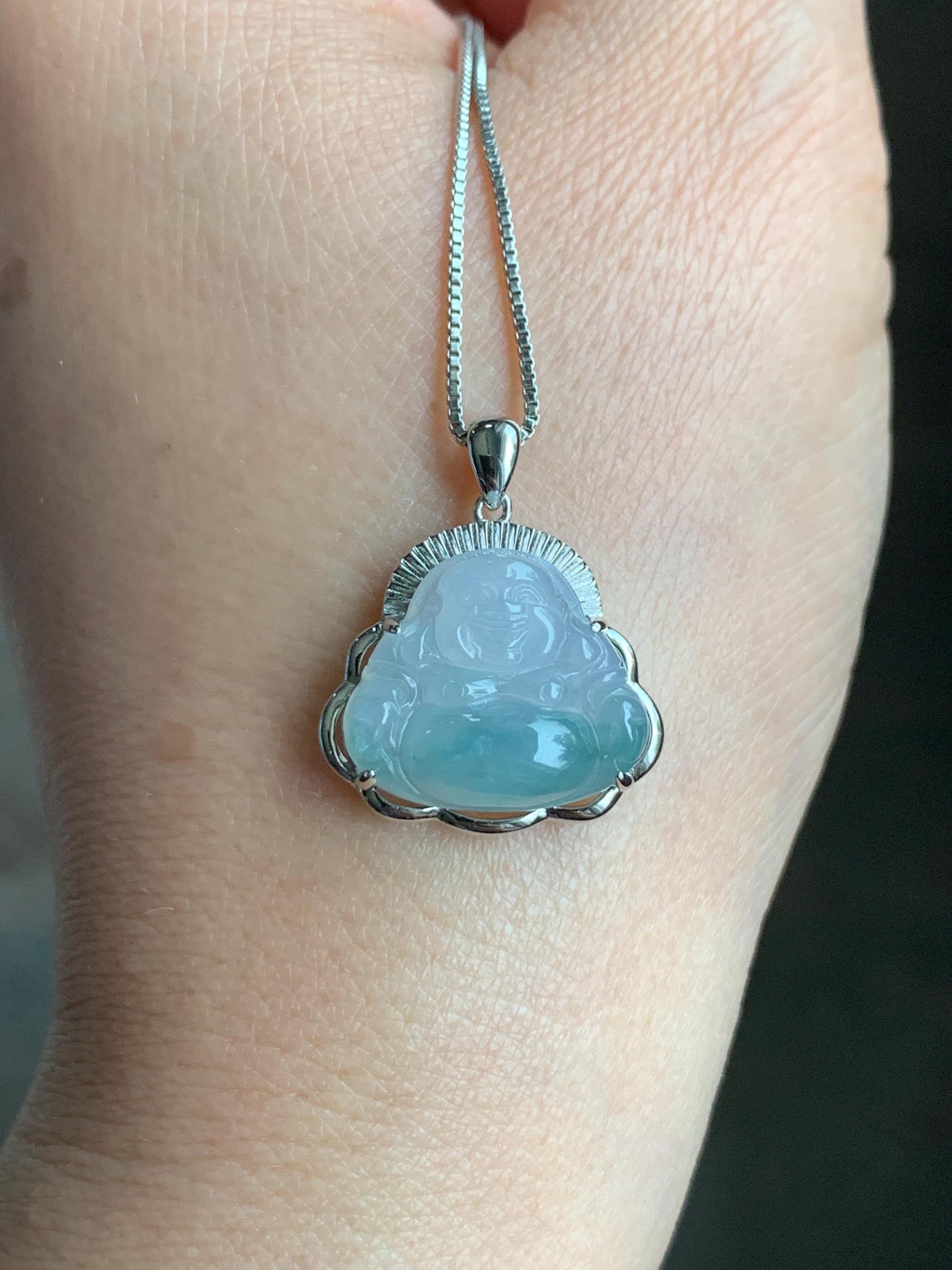 Certified Natural Grade A Icy Translucent Gelatinous Pastel Blue Marbled Jadeite Buddha Pendant Sterling Silver 3.83g 天然冰胶淡蓝飘花翡翠佛公镶嵌吊坠 8773