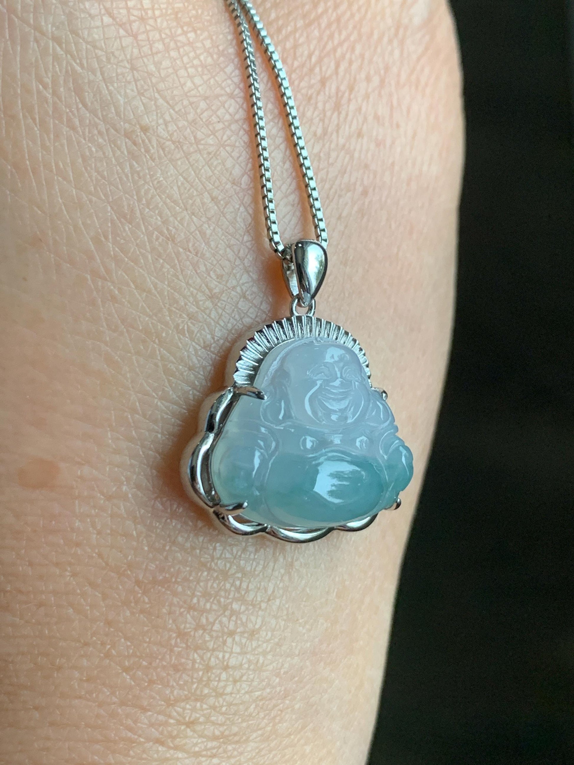Certified Natural Grade A Icy Translucent Gelatinous Pastel Blue Marbled Jadeite Buddha Pendant Sterling Silver 3.83g 天然冰胶淡蓝飘花翡翠佛公镶嵌吊坠 8773
