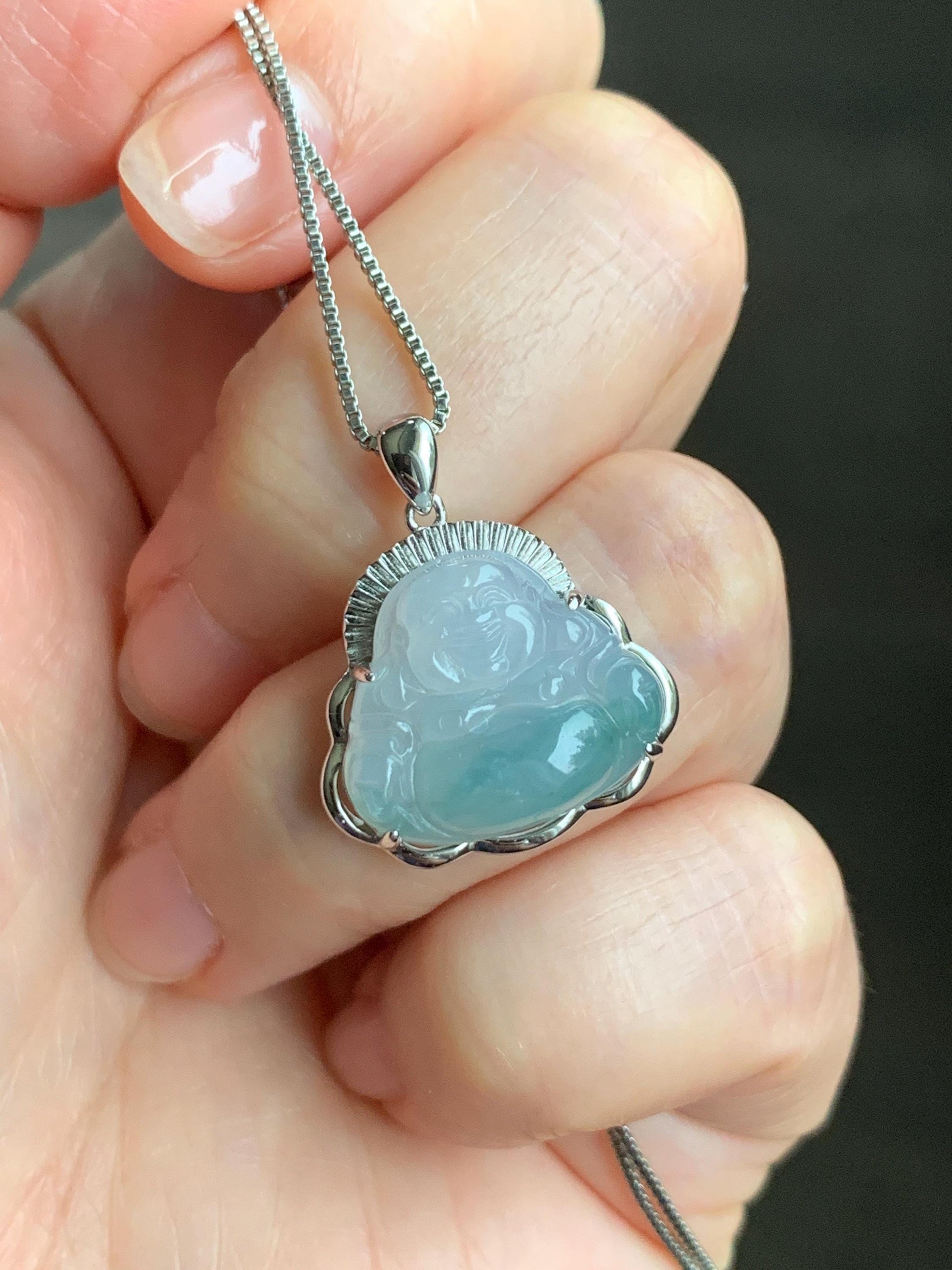 Certified Natural Grade A Icy Translucent Gelatinous Pastel Blue Marbled Jadeite Buddha Pendant Sterling Silver 3.83g 天然冰胶淡蓝飘花翡翠佛公镶嵌吊坠 8773