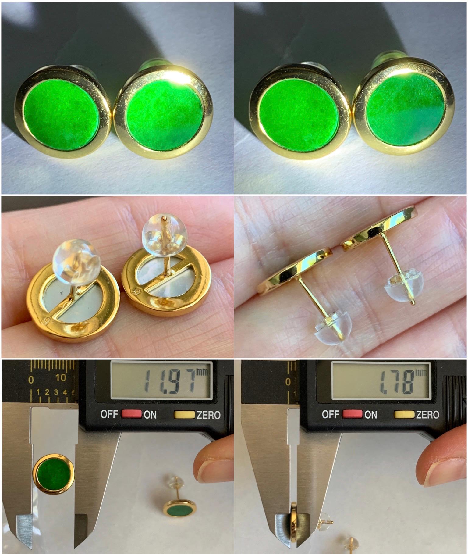 Natural Grade A Vibrant Green Jade Jadeite Coin Stud Earrings S925 Sterling Silver Yellow Gold Overlay 天然阳绿花青翡翠银镶圆耳钉 HQR-G