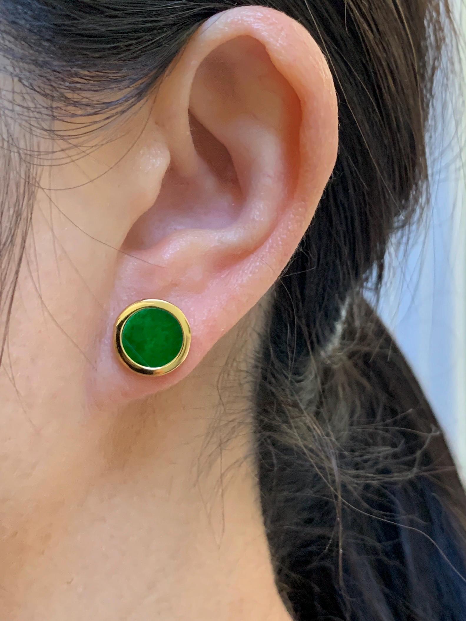 Natural Grade A Vibrant Green Jade Jadeite Coin Stud Earrings S925 Sterling Silver Yellow Gold Overlay 天然阳绿花青翡翠银镶圆耳钉 HQR-G