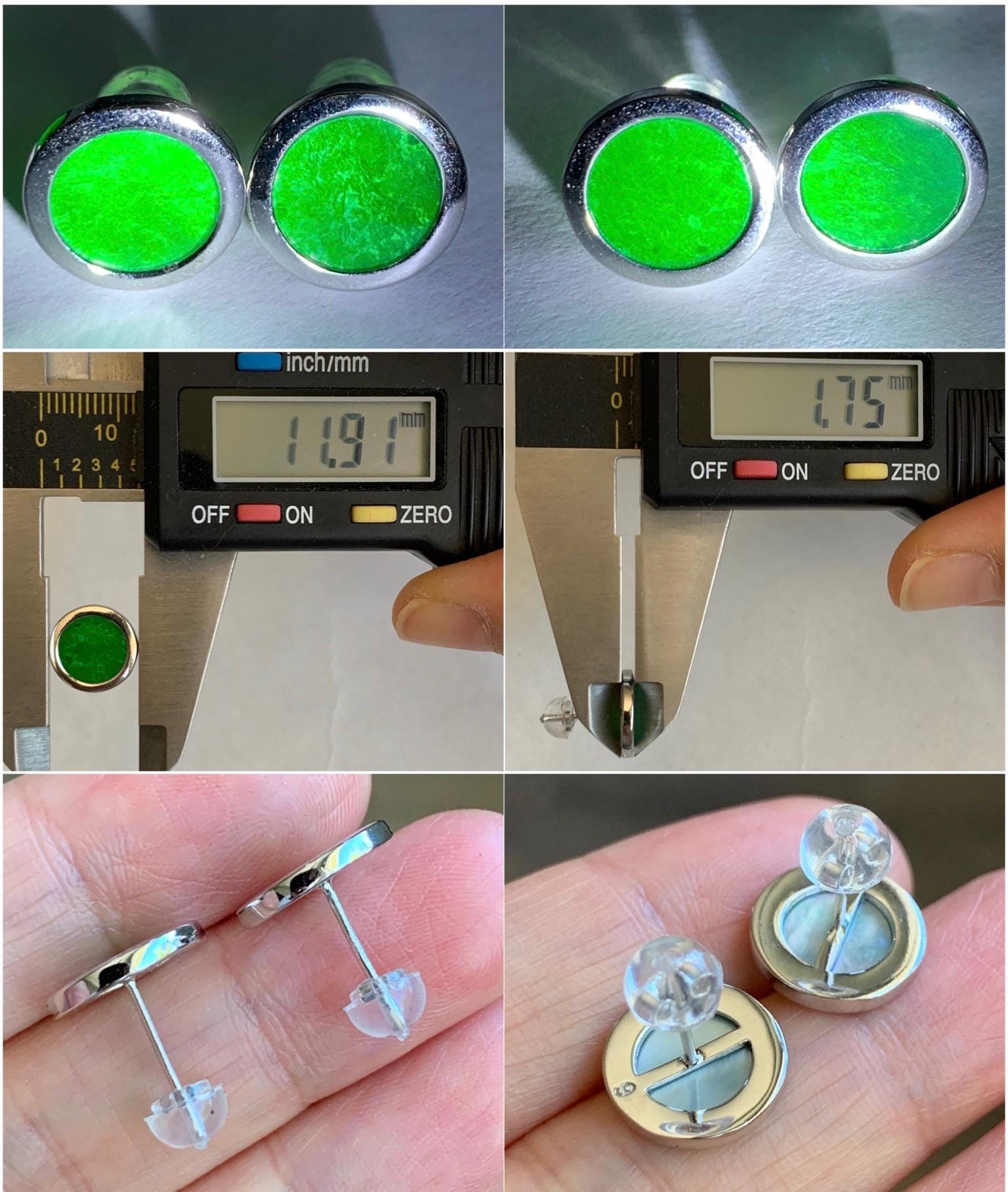 Natural Grade A Translucent Vibrant Green Jade Jadeite Coin Stud Earrings S925 Sterling Silver天然阳绿花青翡翠银镶圆耳钉 HQR-S
