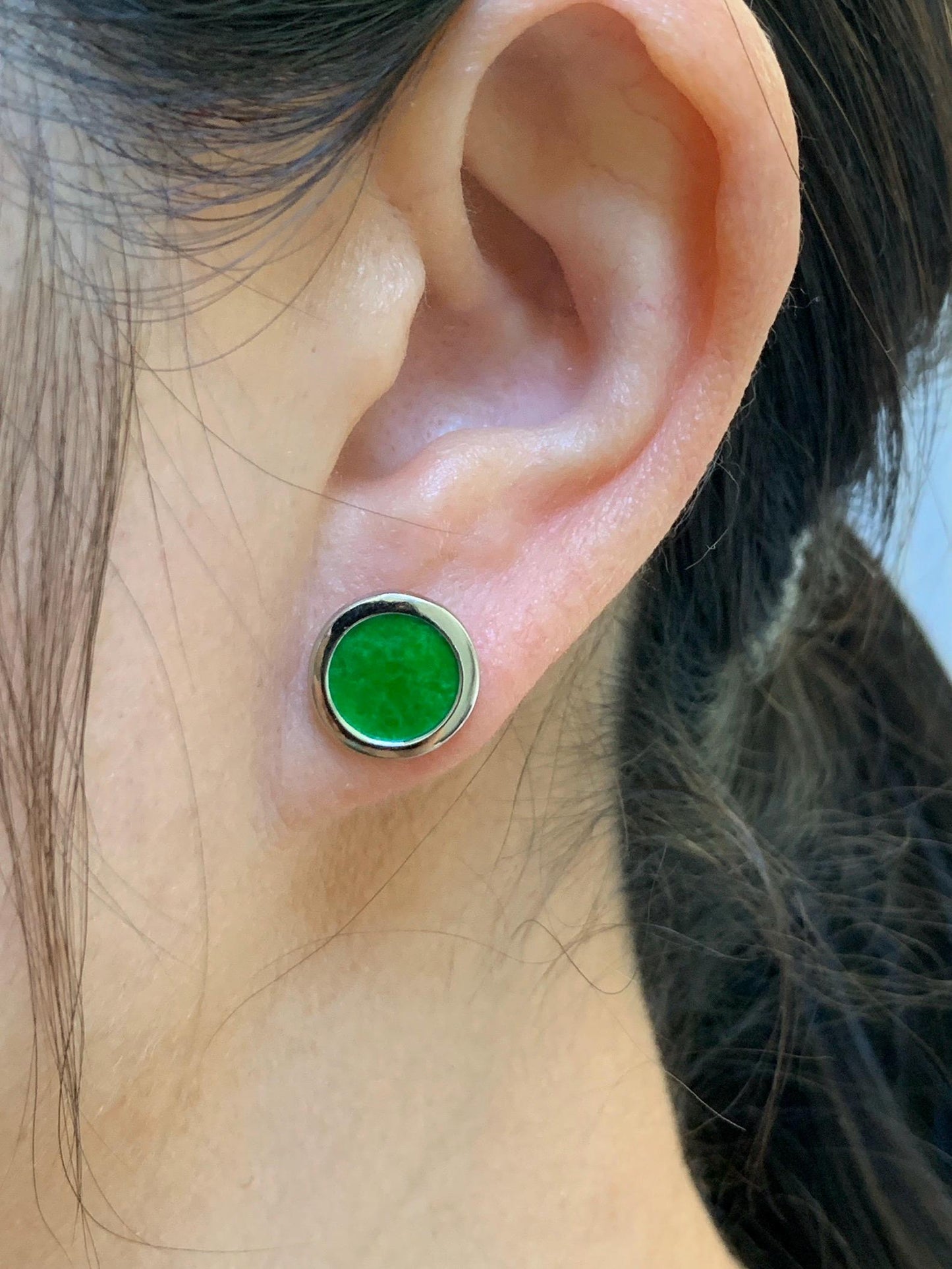 Natural Grade A Translucent Vibrant Green Jade Jadeite Coin Stud Earrings S925 Sterling Silver天然阳绿花青翡翠银镶圆耳钉 HQR-S
