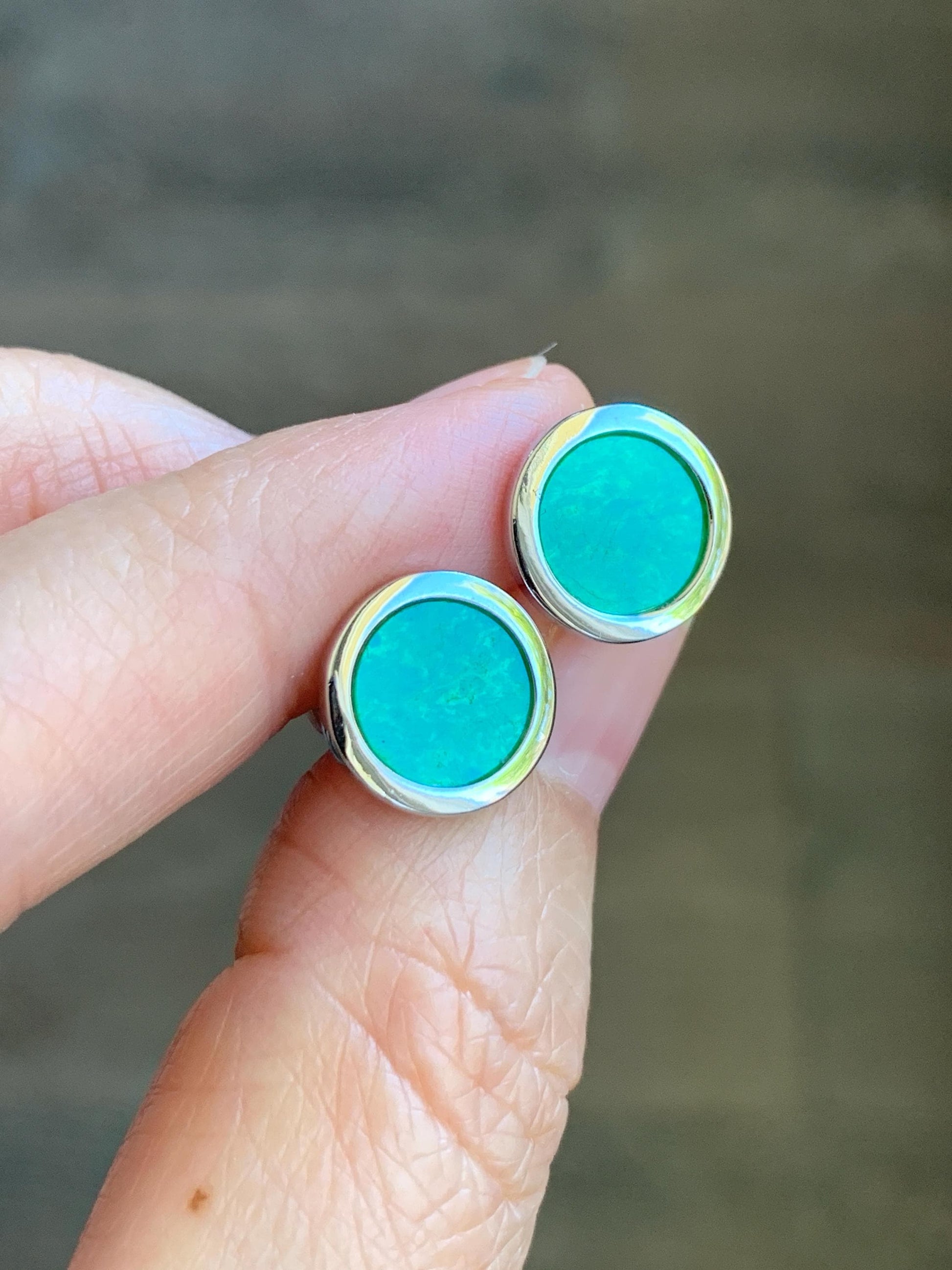 Natural Grade A Translucent Vibrant Green Jade Jadeite Coin Stud Earrings S925 Sterling Silver天然阳绿花青翡翠银镶圆耳钉 HQR-S