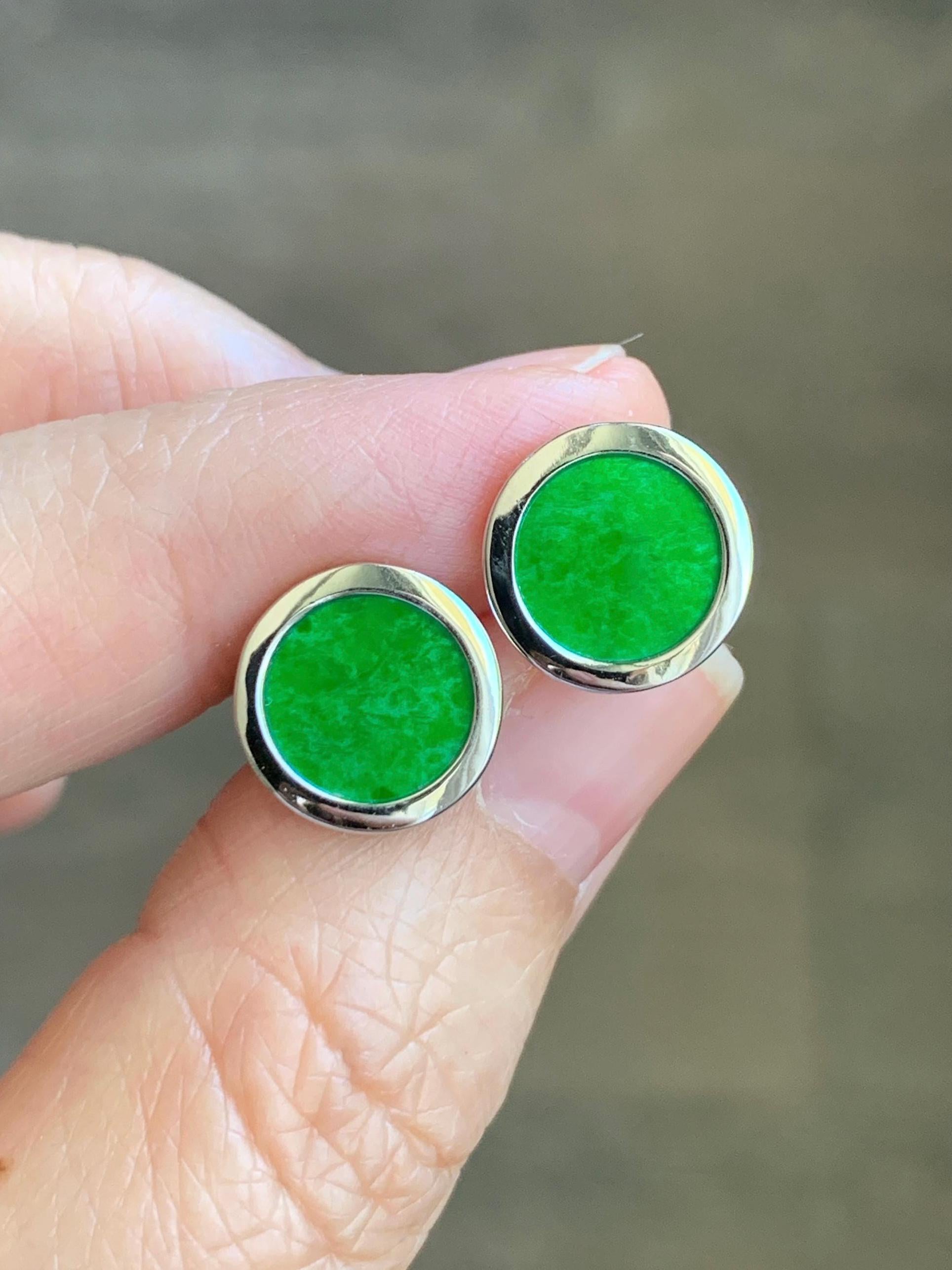 Natural Grade A Translucent Vibrant Green Jade Jadeite Coin Stud Earrings S925 Sterling Silver天然阳绿花青翡翠银镶圆耳钉 HQR-S