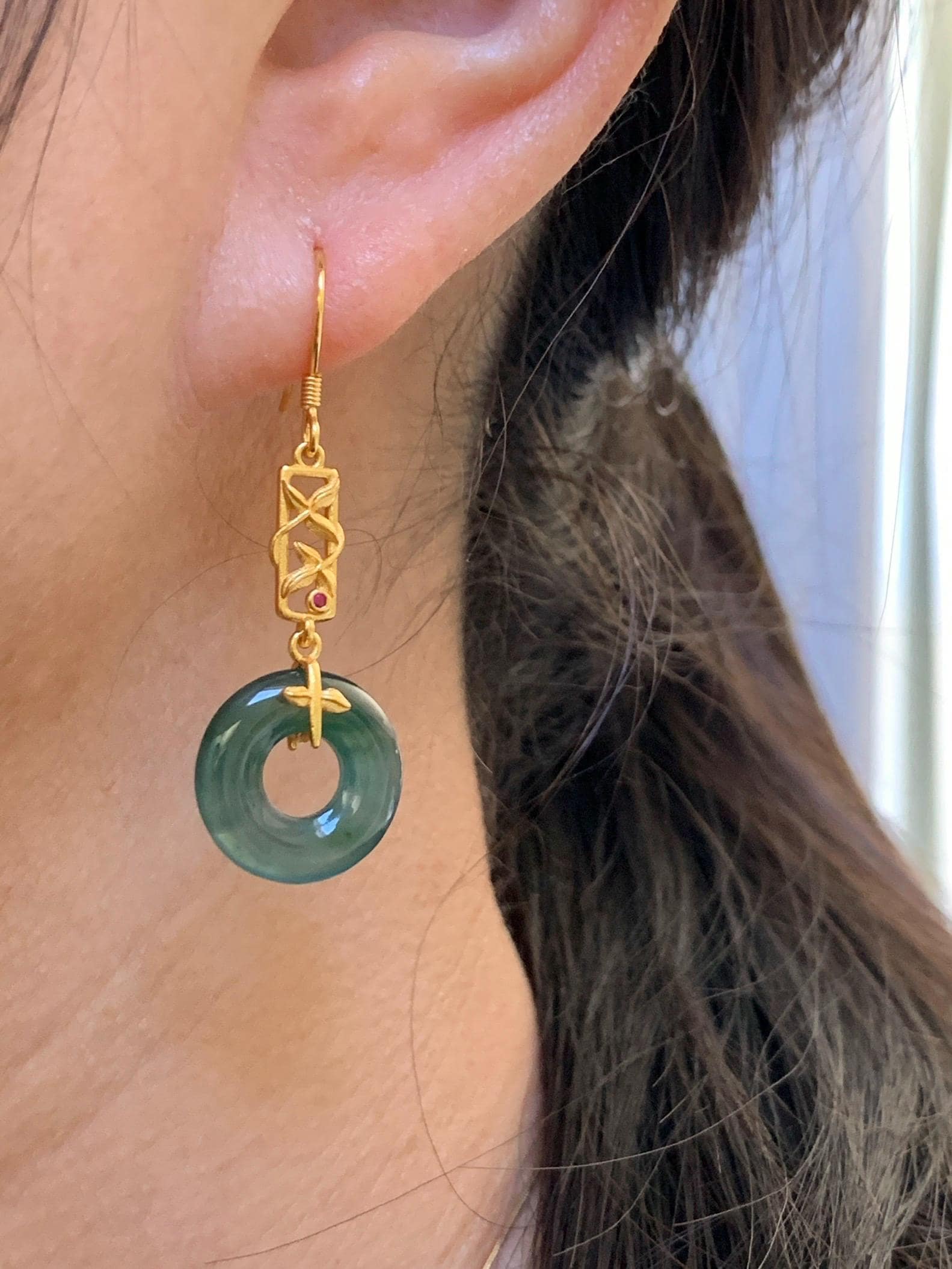 Natural Grade A Guatemalan Icy Translucent Teal Green Jade Jadeite Ping An Kou Donut Dangle Earrings Sterling Silver 天然冰危深蓝绿翡翠平安扣耳钩 ZJK138