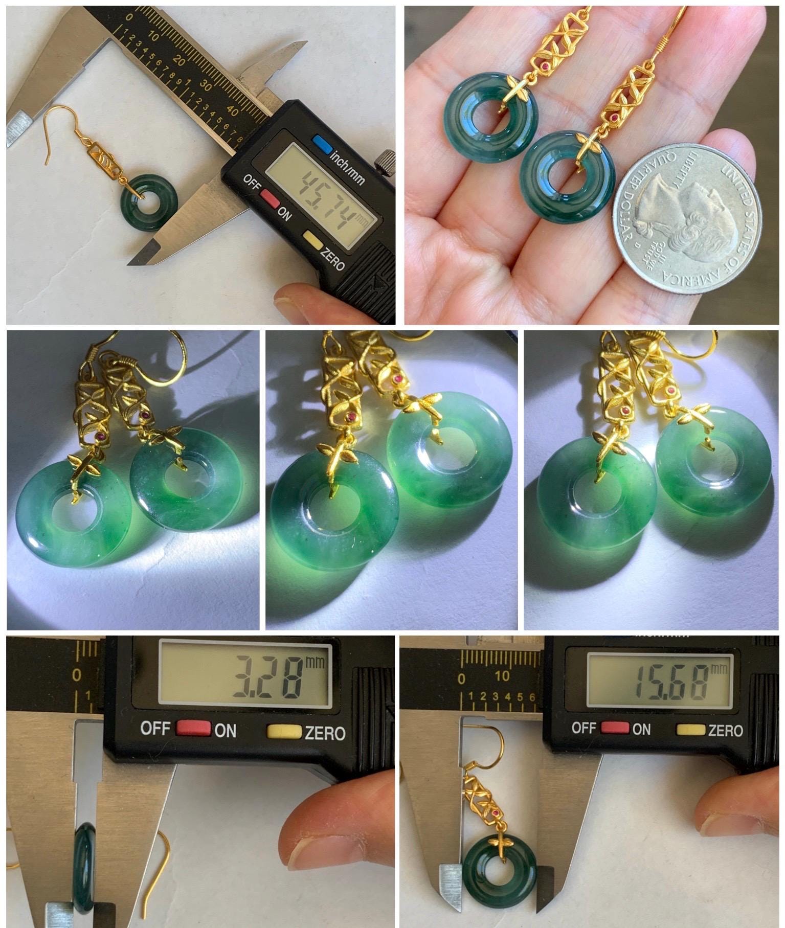 Natural Grade A Guatemalan Icy Translucent Teal Green Jade Jadeite Ping An Kou Donut Dangle Earrings Sterling Silver 天然冰危深蓝绿翡翠平安扣耳钩 ZJK138
