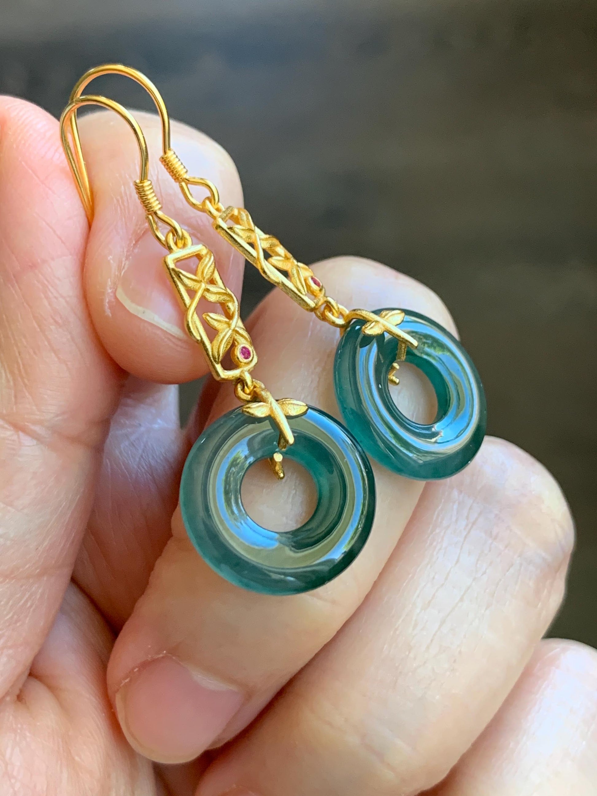 Natural Grade A Guatemalan Icy Translucent Teal Green Jade Jadeite Ping An Kou Donut Dangle Earrings Sterling Silver 天然冰危深蓝绿翡翠平安扣耳钩 ZJK138
