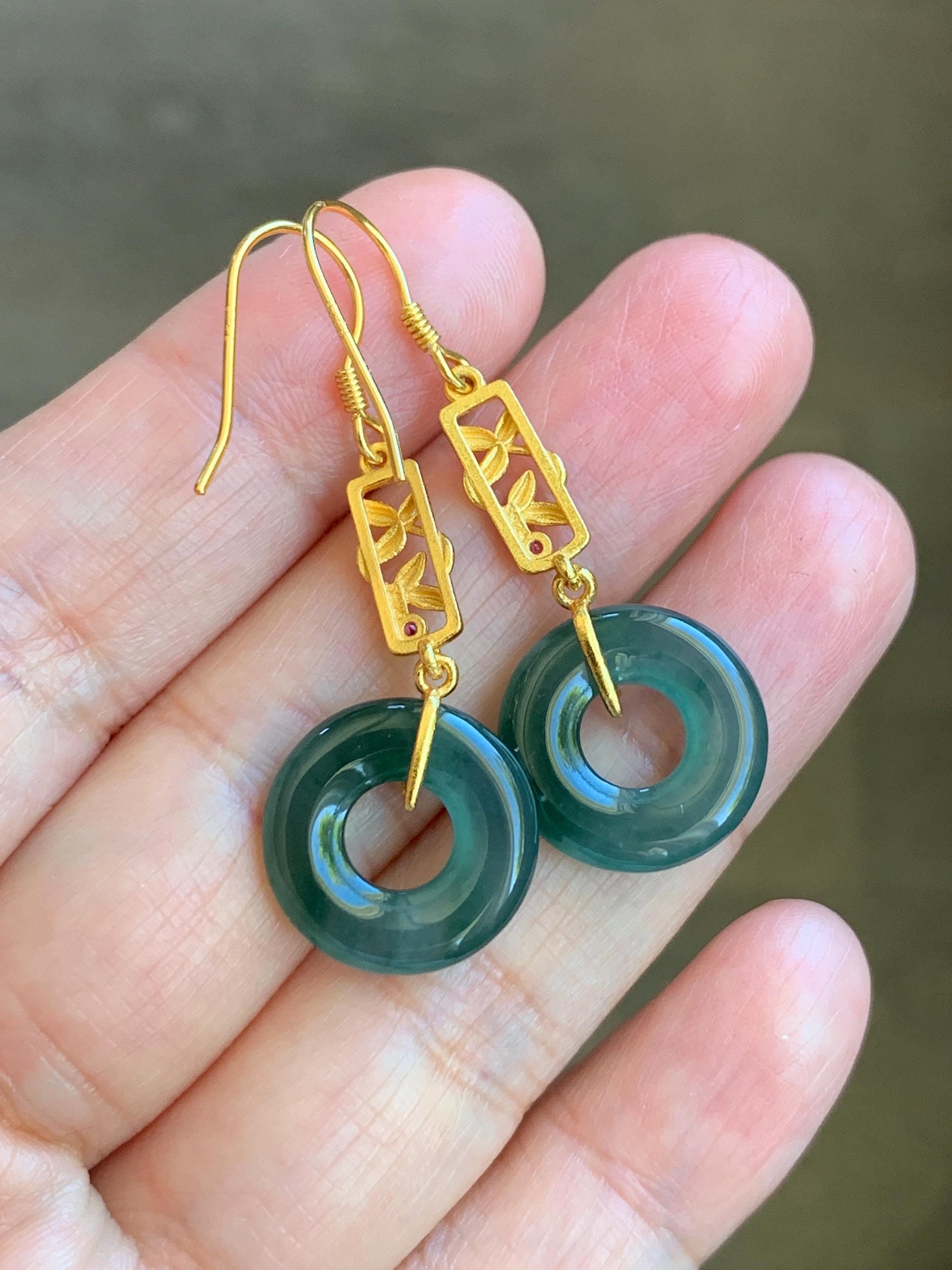 Natural Grade A Guatemalan Icy Translucent Teal Green Jade Jadeite Ping An Kou Donut Dangle Earrings Sterling Silver 天然冰危深蓝绿翡翠平安扣耳钩 ZJK138