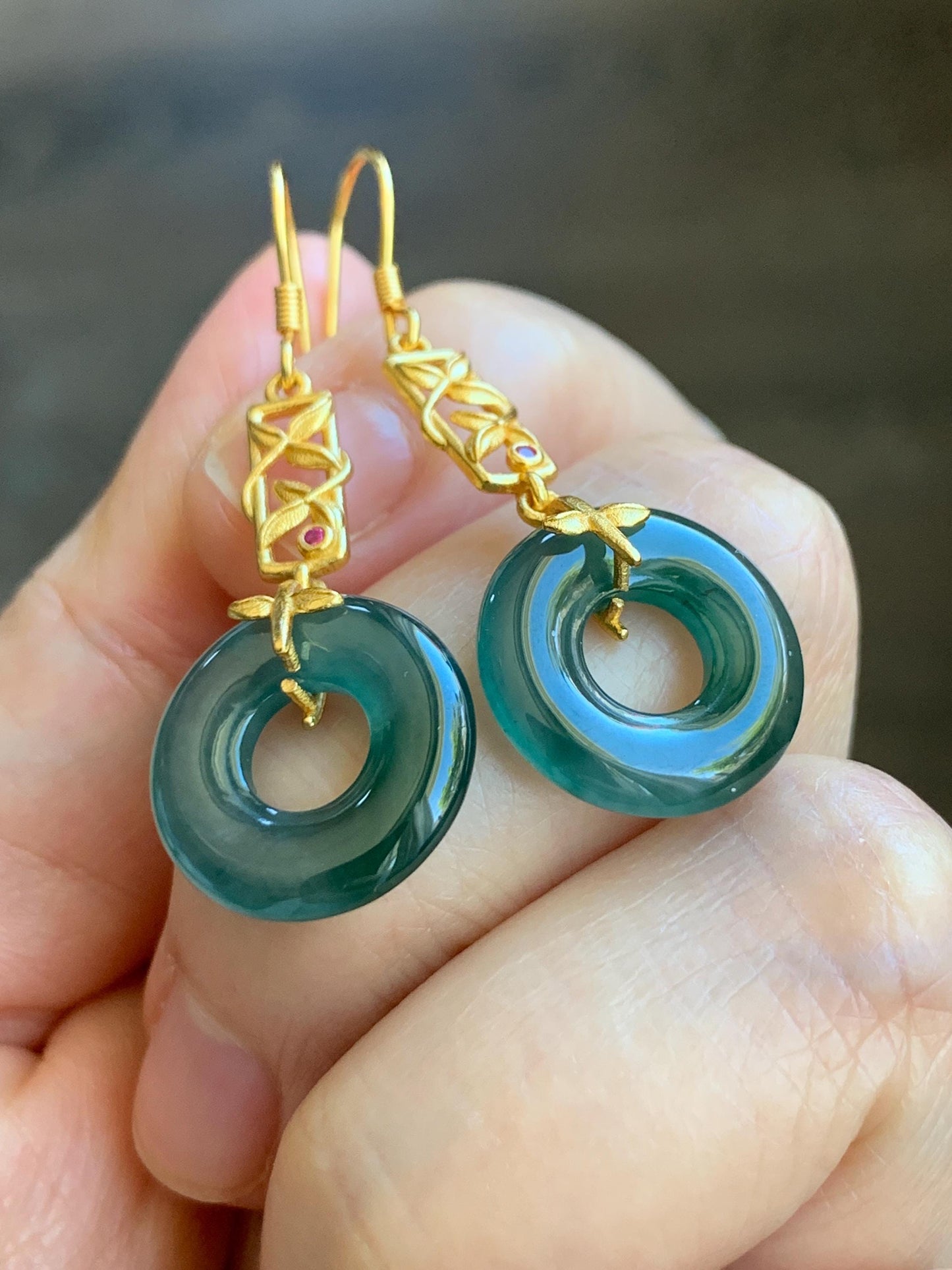 Natural Grade A Guatemalan Icy Translucent Teal Green Jade Jadeite Ping An Kou Donut Dangle Earrings Sterling Silver 天然冰危深蓝绿翡翠平安扣耳钩 ZJK138