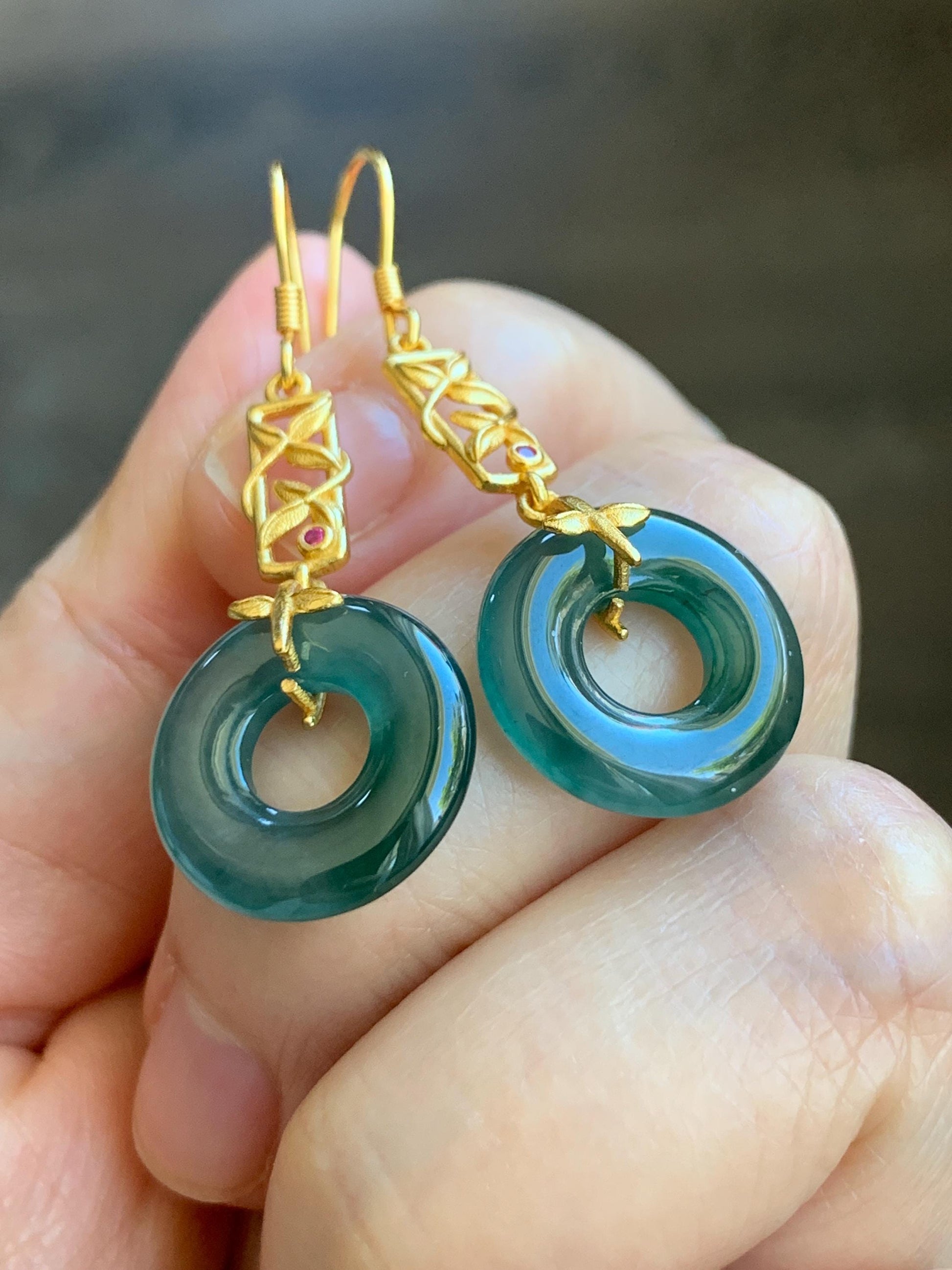 Natural Grade A Guatemalan Icy Translucent Teal Green Jade Jadeite Ping An Kou Donut Dangle Earrings Sterling Silver 天然冰危深蓝绿翡翠平安扣耳钩 ZJK138
