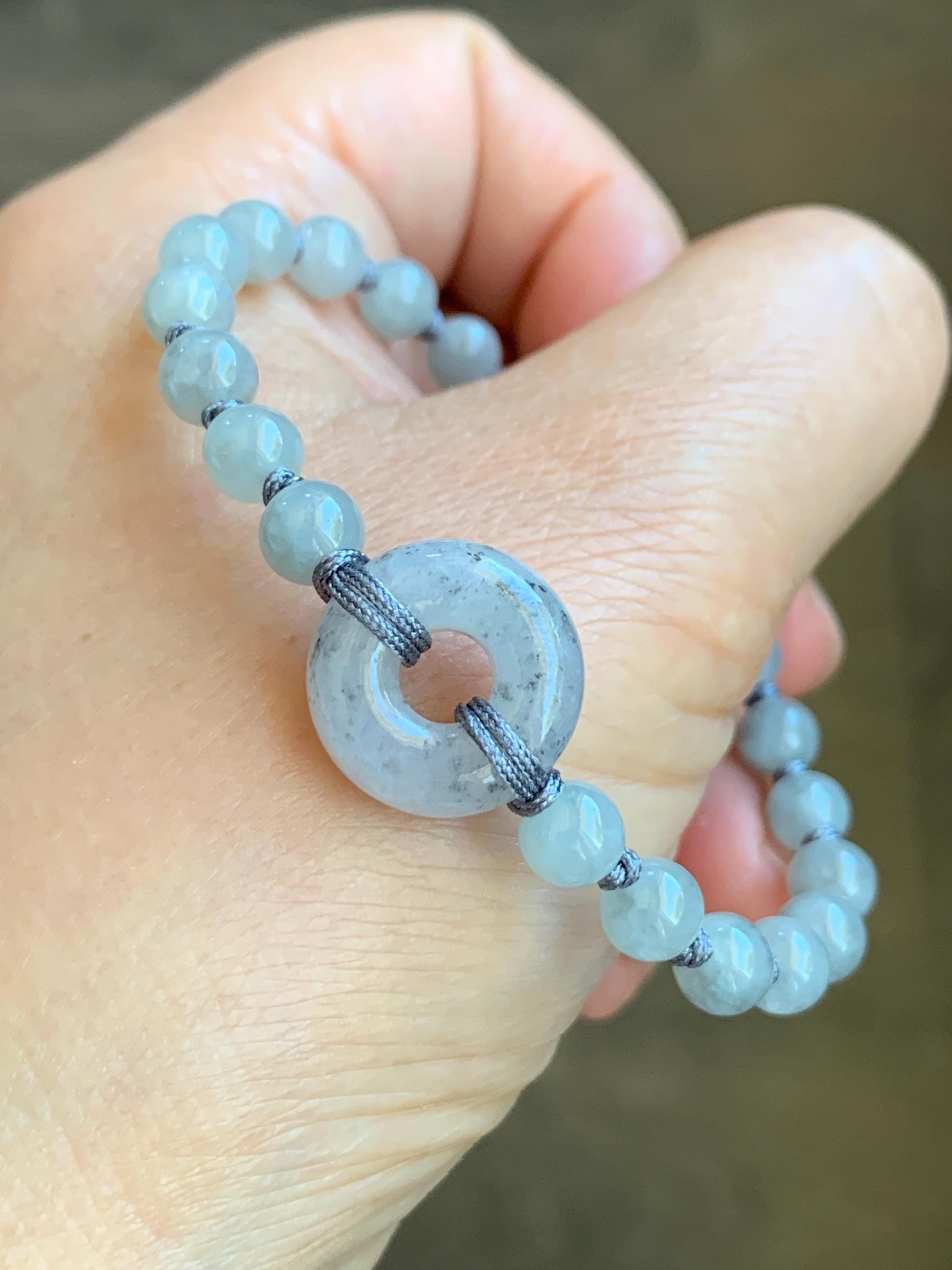 Natural Grade A Icy Translucent Gelatinous Wuji Jadeite Ping An Kou Donut Beaded Bracelet Sterling Silver 7” 6mm 10g 天然冰乌鸡翡翠平安扣珠串手串 WJK129