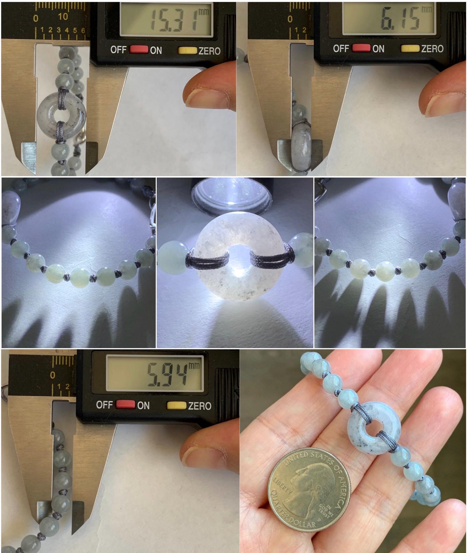 Natural Grade A Icy Translucent Gelatinous Wuji Jadeite Ping An Kou Donut Beaded Bracelet Sterling Silver 7” 6mm 10g 天然冰乌鸡翡翠平安扣珠串手串 WJK129