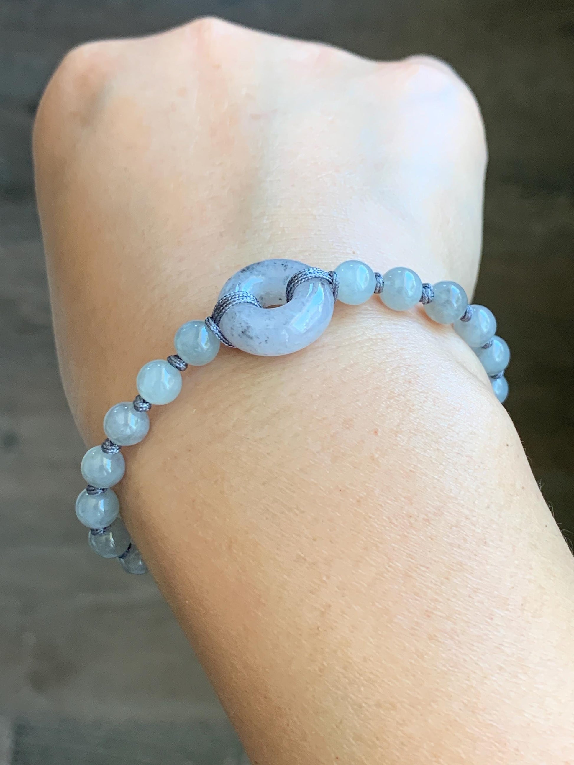 Natural Grade A Icy Translucent Gelatinous Wuji Jadeite Ping An Kou Donut Beaded Bracelet Sterling Silver 7” 6mm 10g 天然冰乌鸡翡翠平安扣珠串手串 WJK129