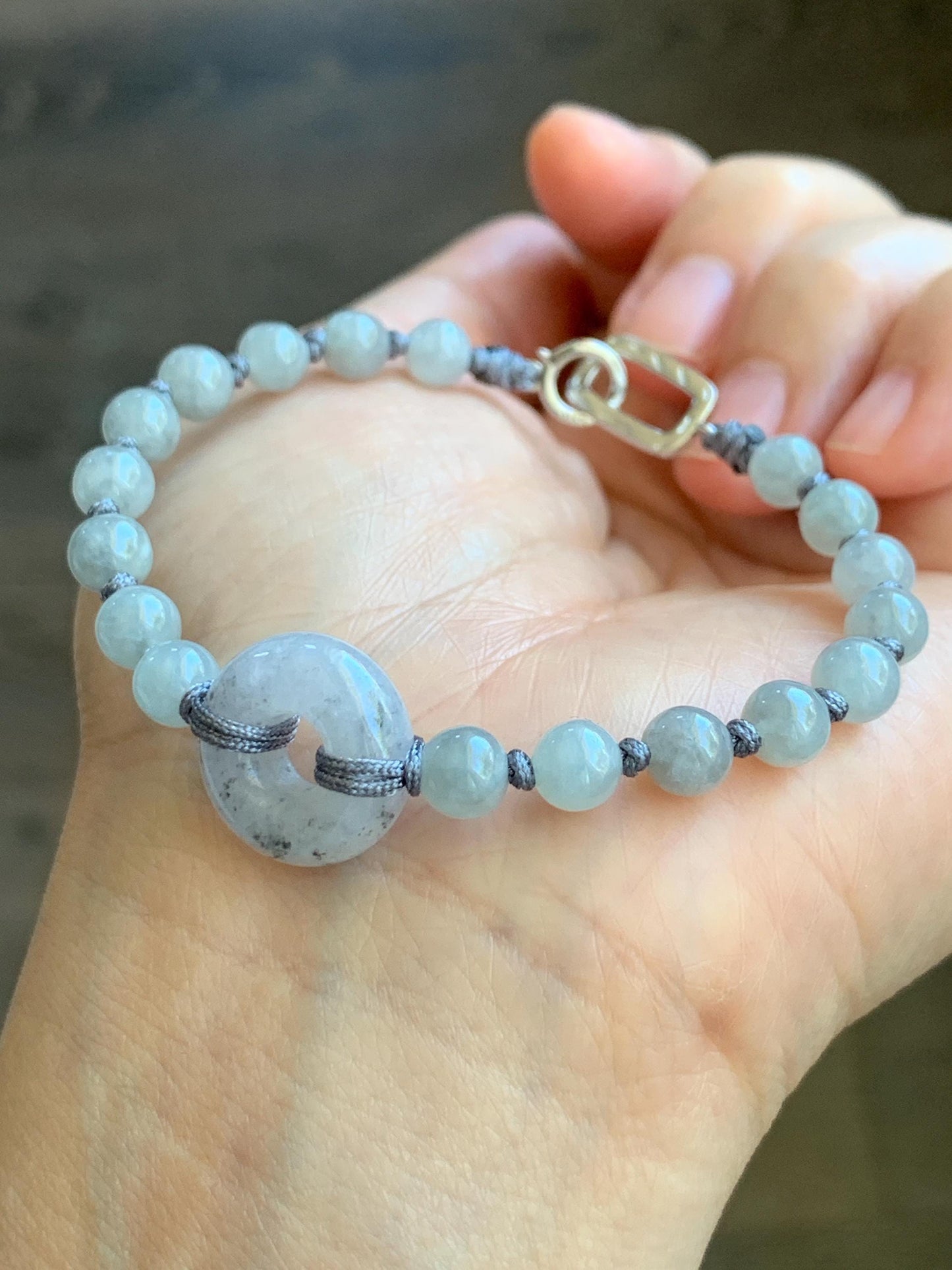 Natural Grade A Icy Translucent Gelatinous Wuji Jadeite Ping An Kou Donut Beaded Bracelet Sterling Silver 7” 6mm 10g 天然冰乌鸡翡翠平安扣珠串手串 WJK129