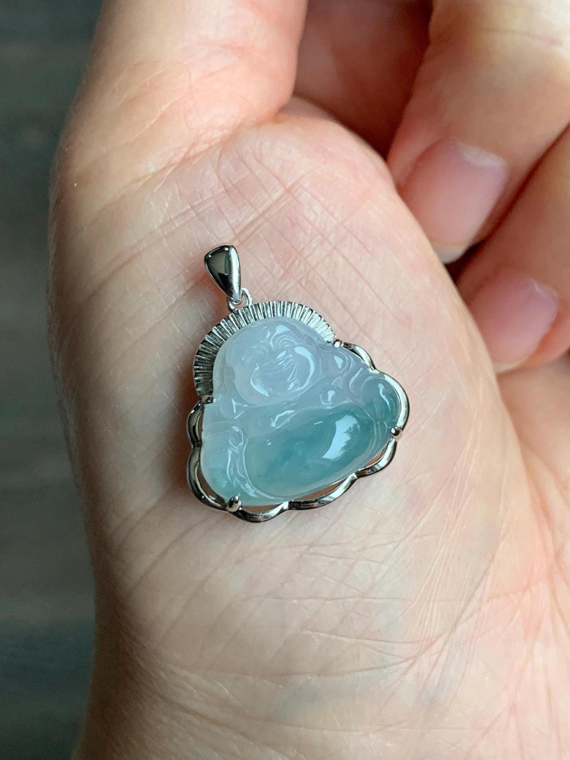 Certified Natural Grade A Icy Translucent Gelatinous Pastel Blue Marbled Jadeite Buddha Pendant Sterling Silver 3.83g 天然冰胶淡蓝飘花翡翠佛公镶嵌吊坠 8773