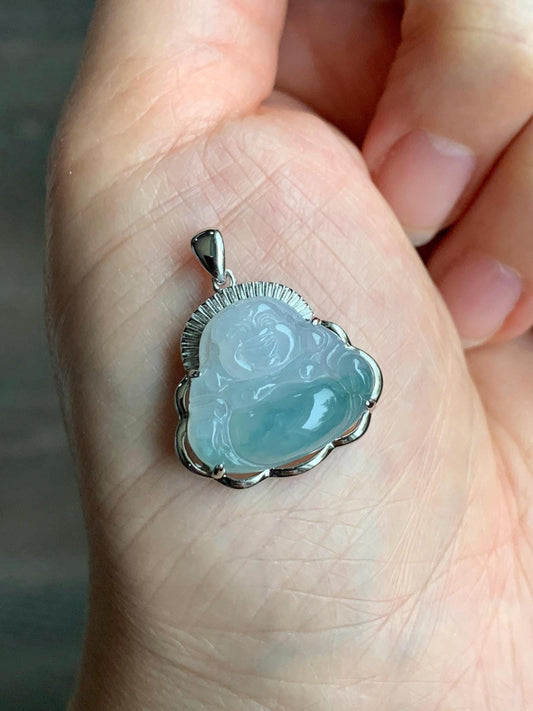 Certified Natural Grade A Icy Translucent Gelatinous Pastel Blue Marbled Jadeite Buddha Pendant Sterling Silver 3.83g 天然冰胶淡蓝飘花翡翠佛公镶嵌吊坠 8773