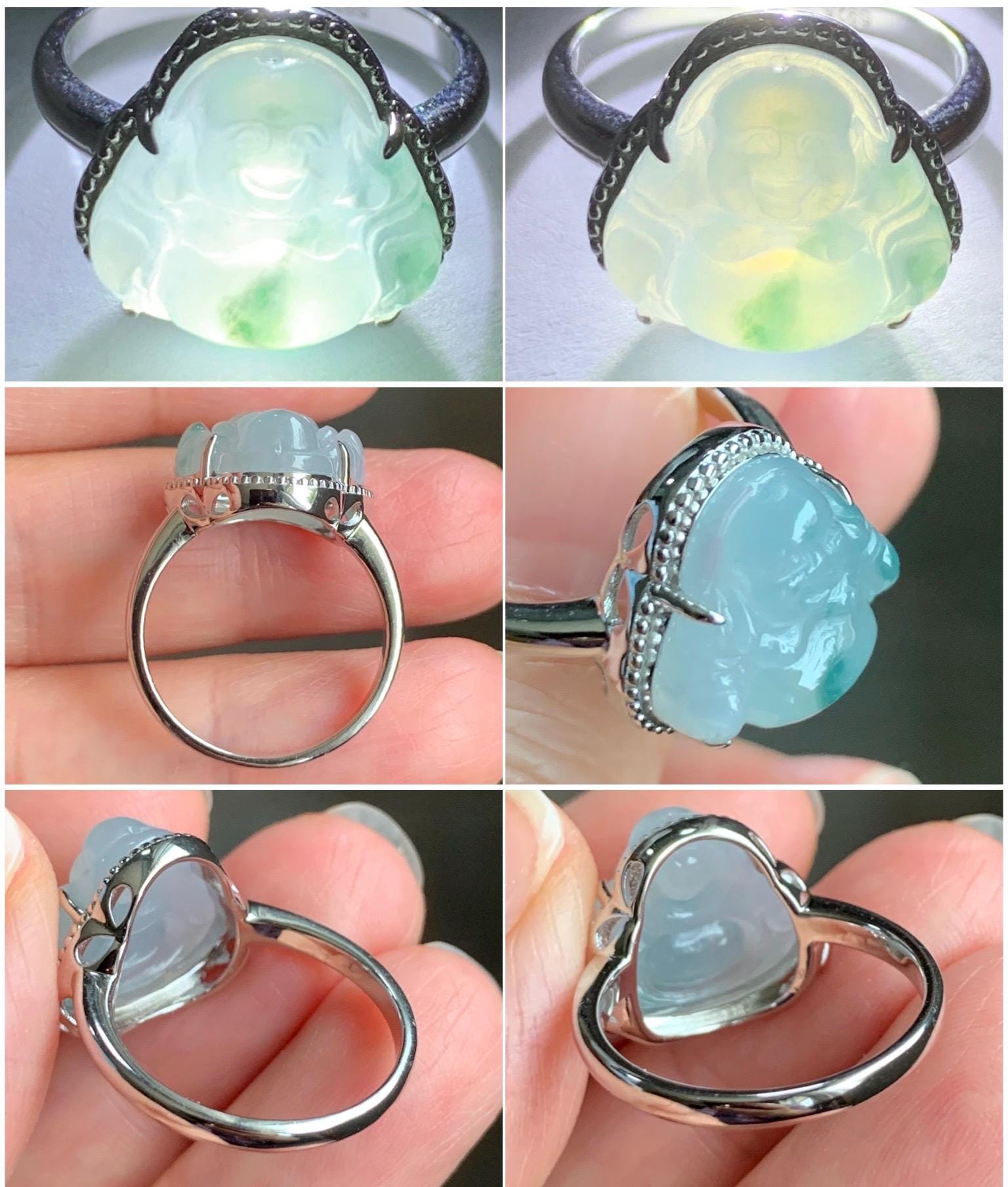 Certified Natural Grade A Icy Translucent Gelatinous Pastel Blue Marbled Jadeite Buddha Ring Sterling Silver size 7.25 天然冰胶淡蓝飘花翡翠佛公镶嵌戒指 8777