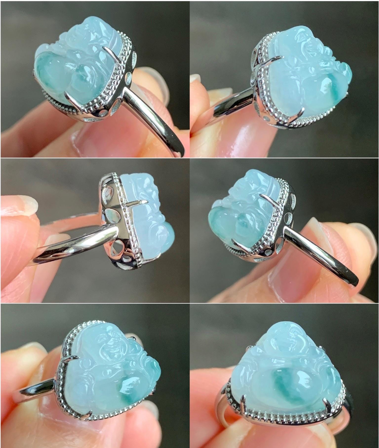 Certified Natural Grade A Icy Translucent Gelatinous Pastel Blue Marbled Jadeite Buddha Ring Sterling Silver size 7.25 天然冰胶淡蓝飘花翡翠佛公镶嵌戒指 8777