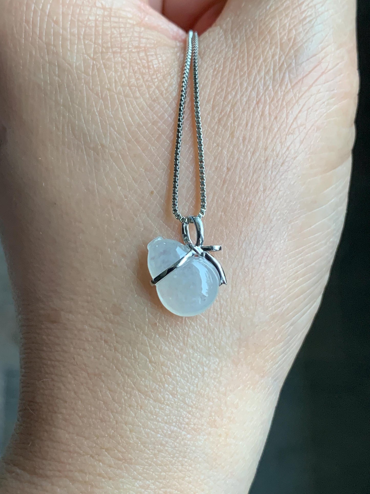Certified Natural Grade A Icy Highly Translucent White Jadeite Hulu Gourd Petite Pendant 14K White Gold 1.16g 天然起冰起光白冰翡翠葫芦镶嵌吊坠 8776