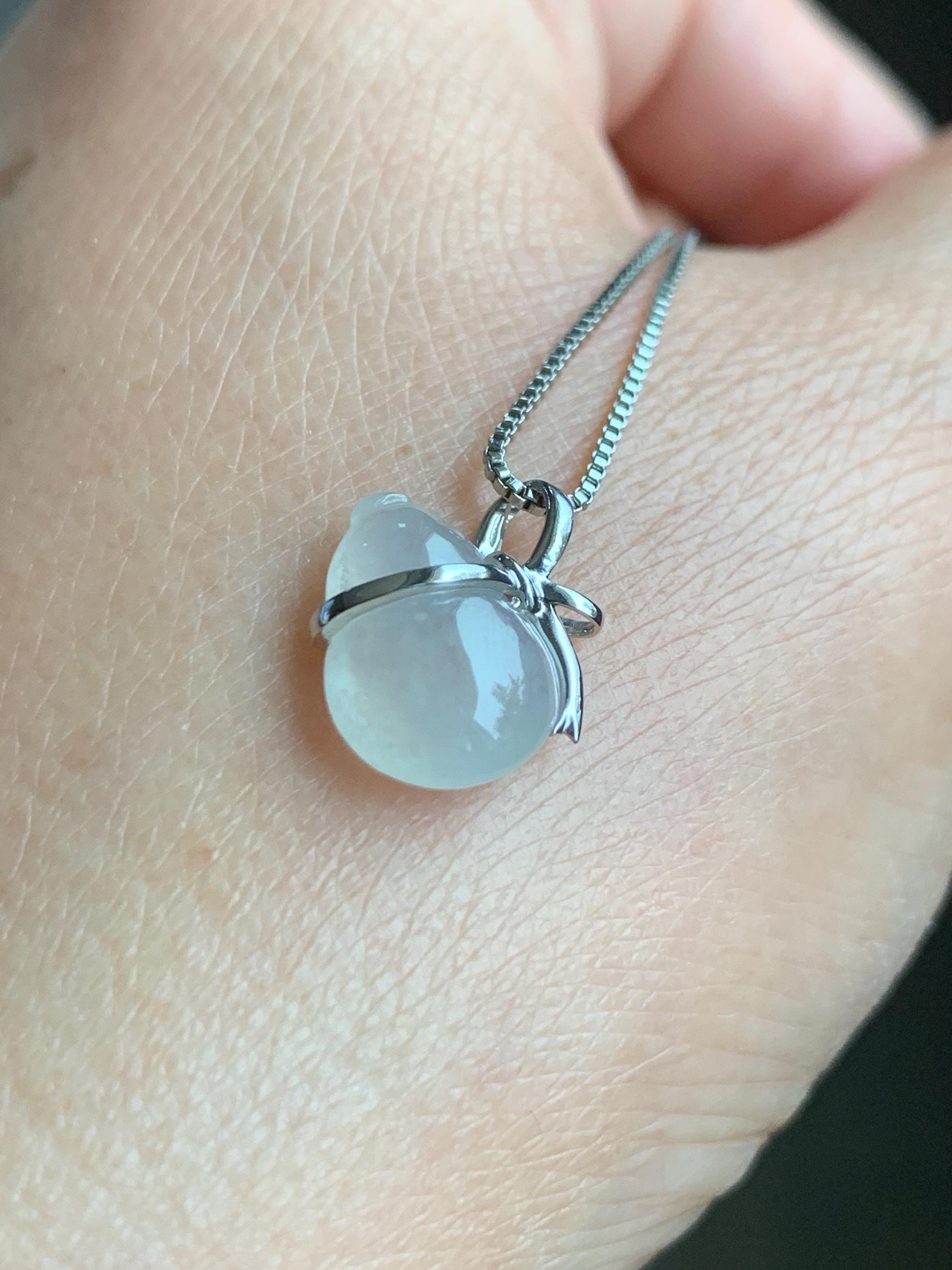 Certified Natural Grade A Icy Highly Translucent White Jadeite Hulu Gourd Petite Pendant 14K White Gold 1.16g 天然起冰起光白冰翡翠葫芦镶嵌吊坠 8776