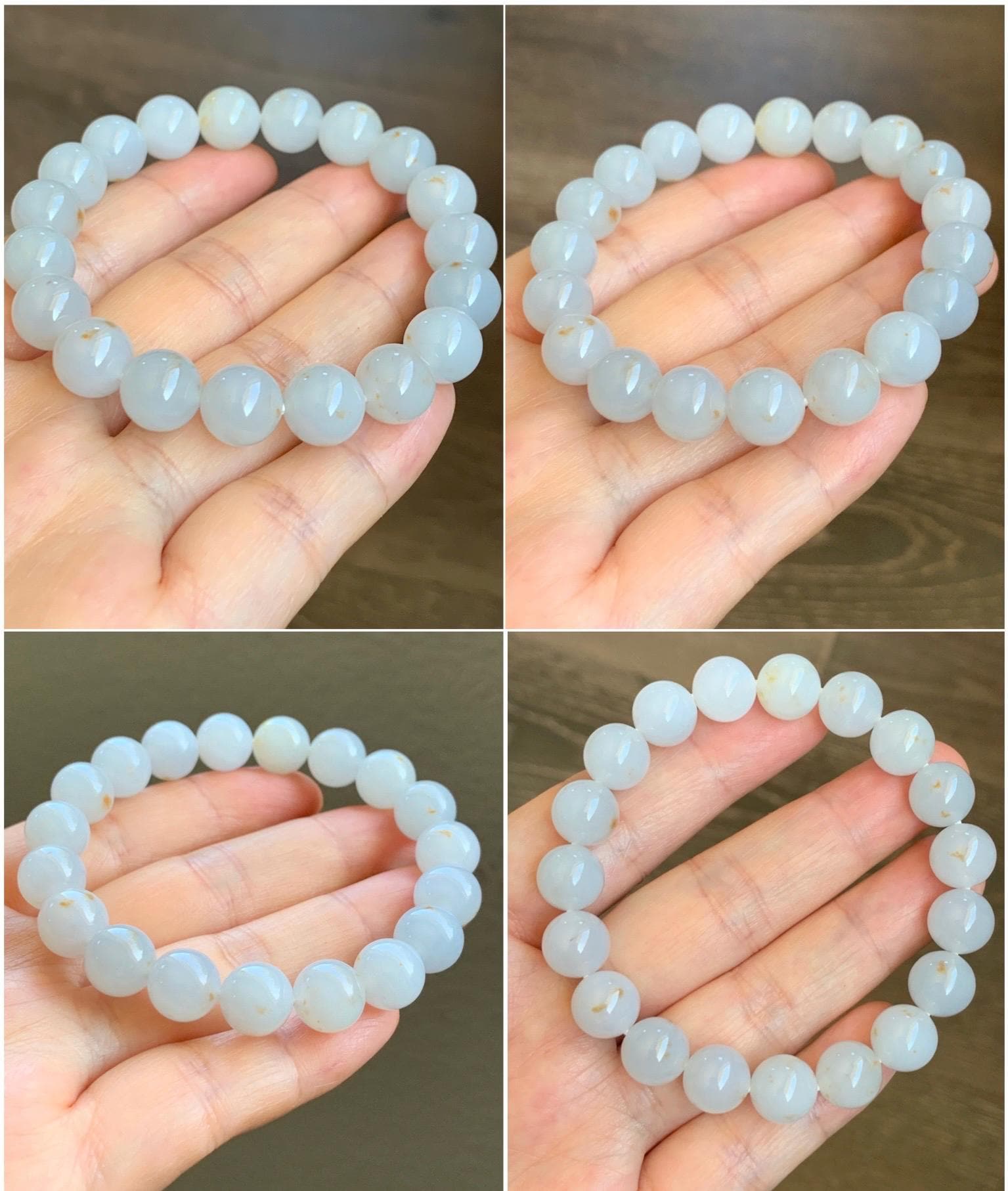 Certified Natural Grade A Icy Translucent Gelatinous Pastel Blue Golden Marbled Jadeite Beaded Bracelet 10mm 7” 天然老种冰胶淡蓝底撒金翡翠大卡圆珠手串 1124