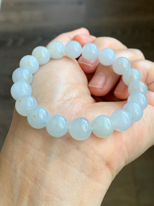 Certified Natural Grade A Icy Translucent Gelatinous Pastel Blue Golden Marbled Jadeite Beaded Bracelet 10mm 7” 天然老种冰胶淡蓝底撒金翡翠大卡圆珠手串 1124