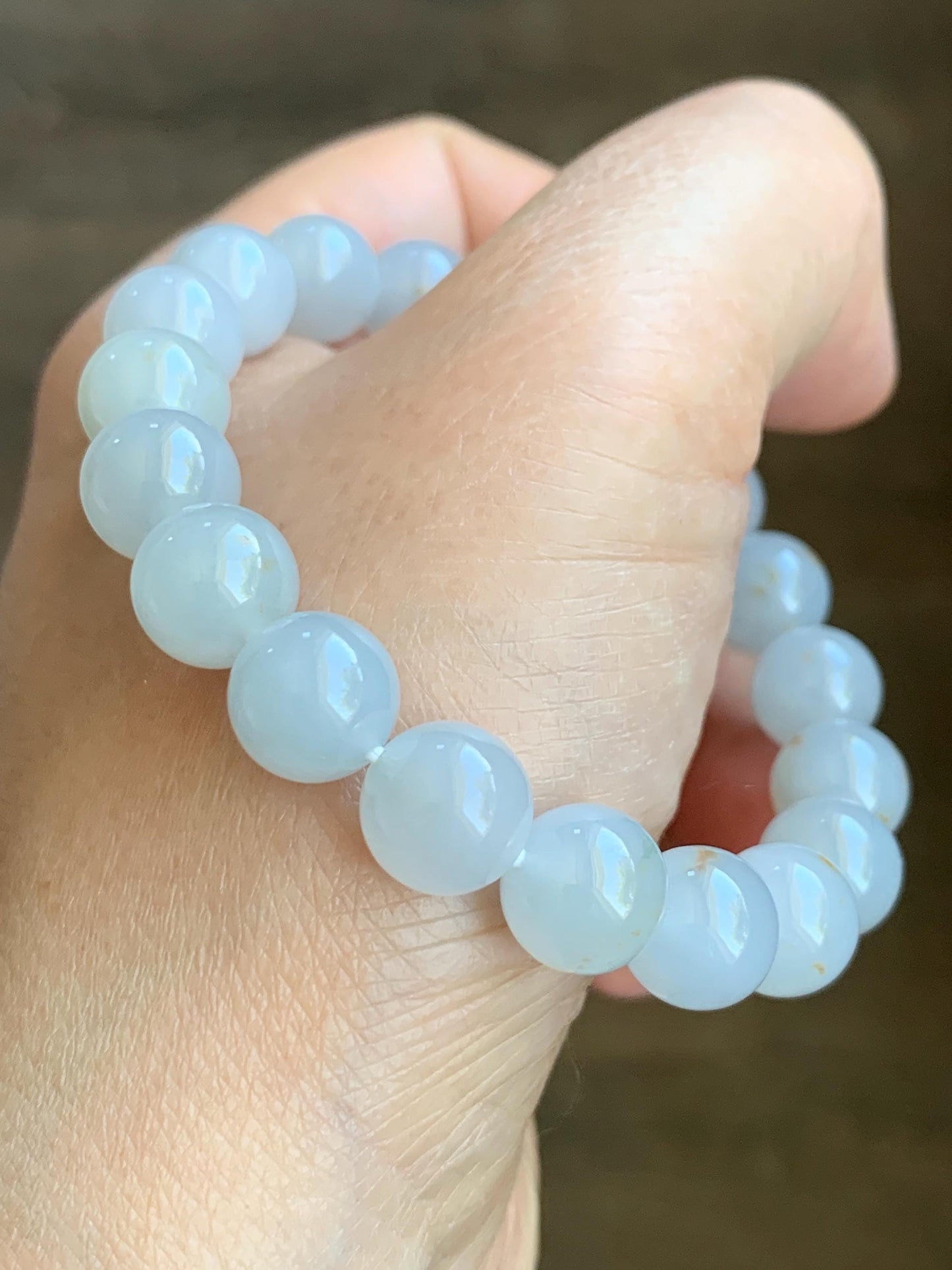 Certified Natural Grade A Icy Translucent Gelatinous Pastel Blue Golden Marbled Jadeite Beaded Bracelet 10mm 7” 天然老种冰胶淡蓝底撒金翡翠大卡圆珠手串 1124