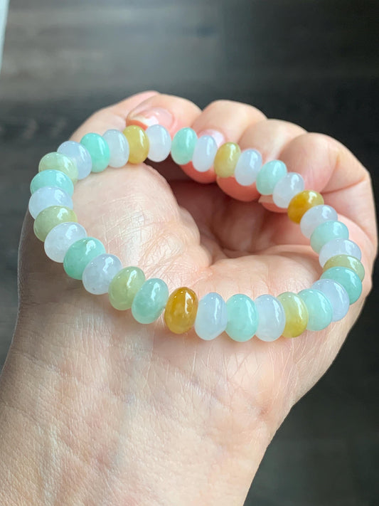 Certified Natural Grade A Icy Translucent Multicolored Jadeite Large Drum Beads Beaded Bracelet 8.9x5mm 7” 27 grams 天然冰胶多宝翡翠大卡鼓珠手串 1123