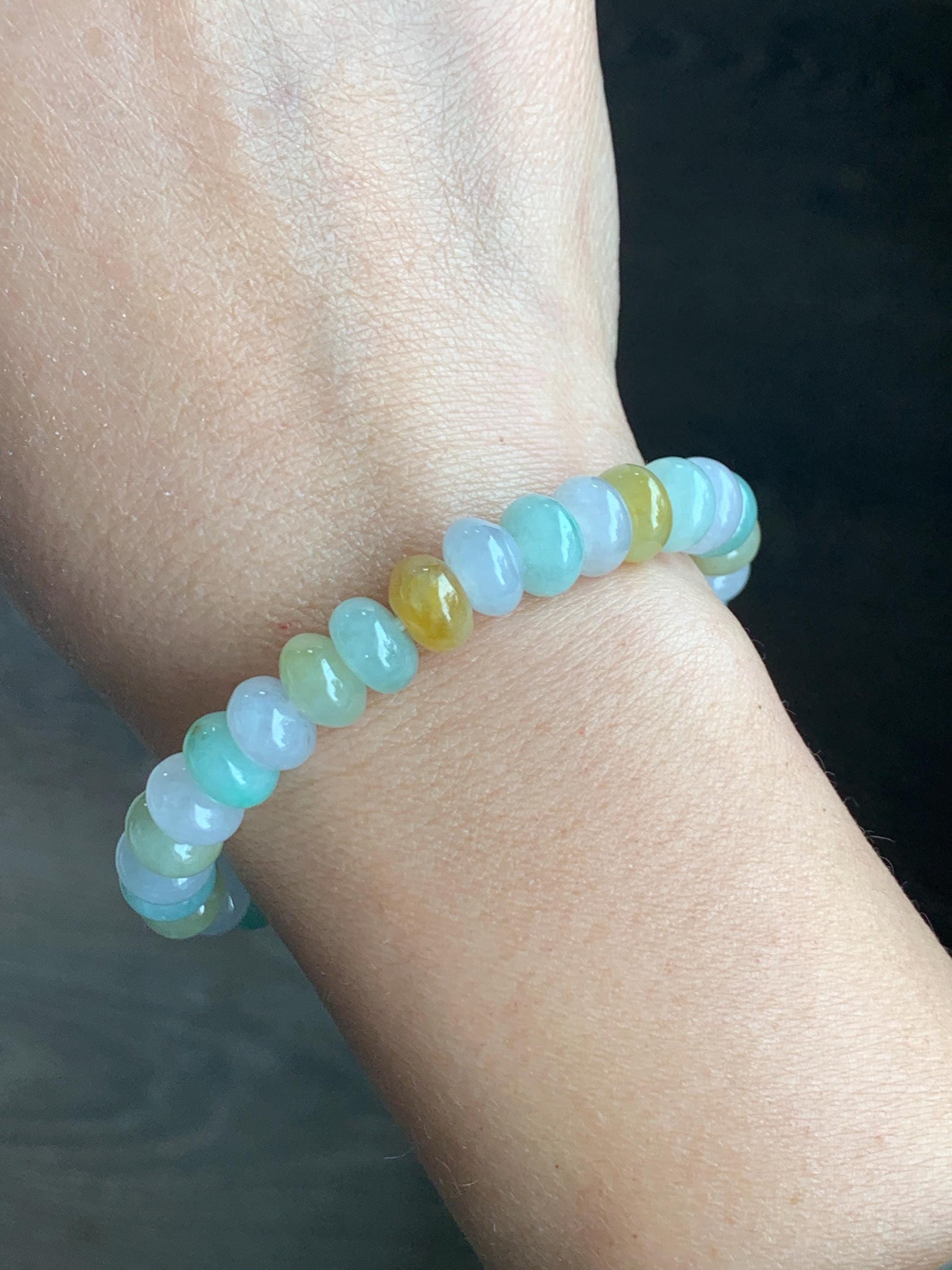 Certified Natural Grade A Icy Translucent Multicolored Jadeite Large Drum Beads Beaded Bracelet 8.9x5mm 7” 27 grams 天然冰胶多宝翡翠大卡鼓珠手串 1123