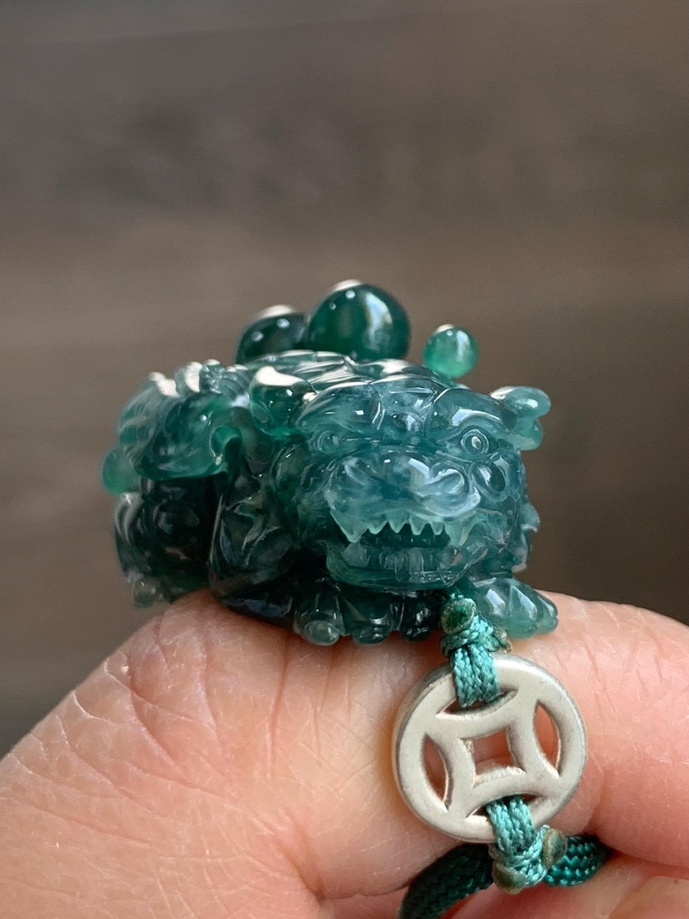 Natural Grade A Guatemalan Icy Translucent Dark Teal Green Jadeite Pixiu w/ Wings Pendant Rope Necklace 26" 20g 天然老种冰危深蓝绿翡翠飞天貔貅吊坠 FTP288