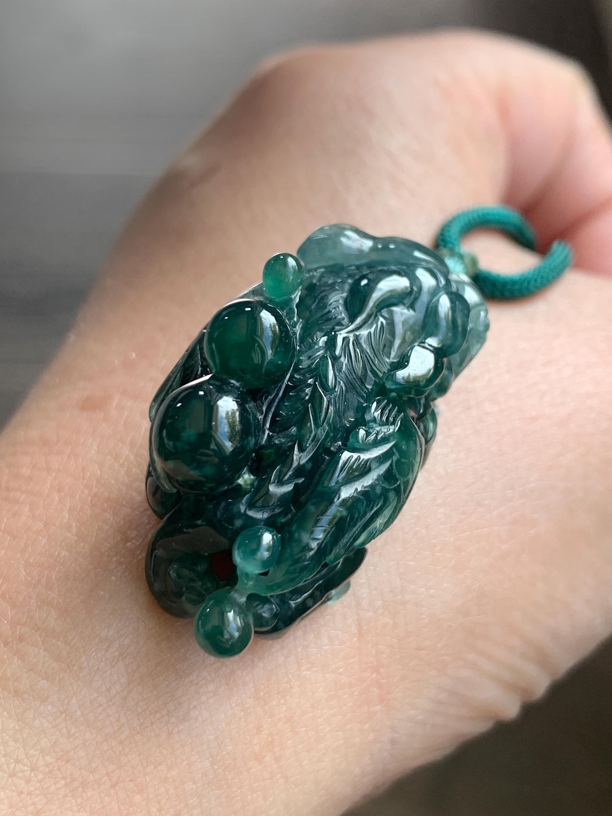 Natural Grade A Guatemalan Icy Translucent Dark Teal Green Jadeite Pixiu w/ Wings Pendant Rope Necklace 26" 20g 天然老种冰危深蓝绿翡翠飞天貔貅吊坠 FTP288