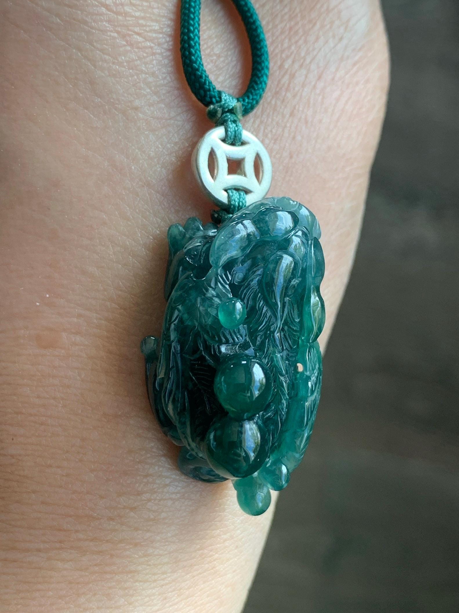 Natural Grade A Guatemalan Icy Translucent Dark Teal Green Jadeite Pixiu w/ Wings Pendant Rope Necklace 26" 20g 天然老种冰危深蓝绿翡翠飞天貔貅吊坠 FTP288