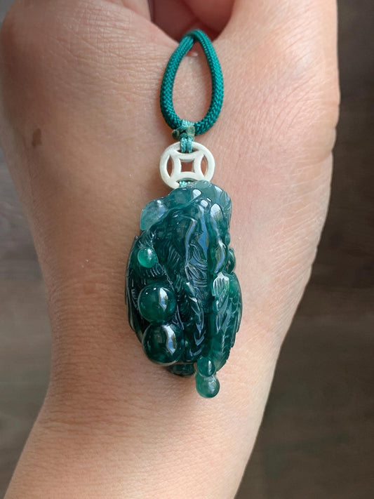 Natural Grade A Guatemalan Icy Translucent Dark Teal Green Jadeite Pixiu w/ Wings Pendant Rope Necklace 26" 20g 天然老种冰危深蓝绿翡翠飞天貔貅吊坠 FTP288