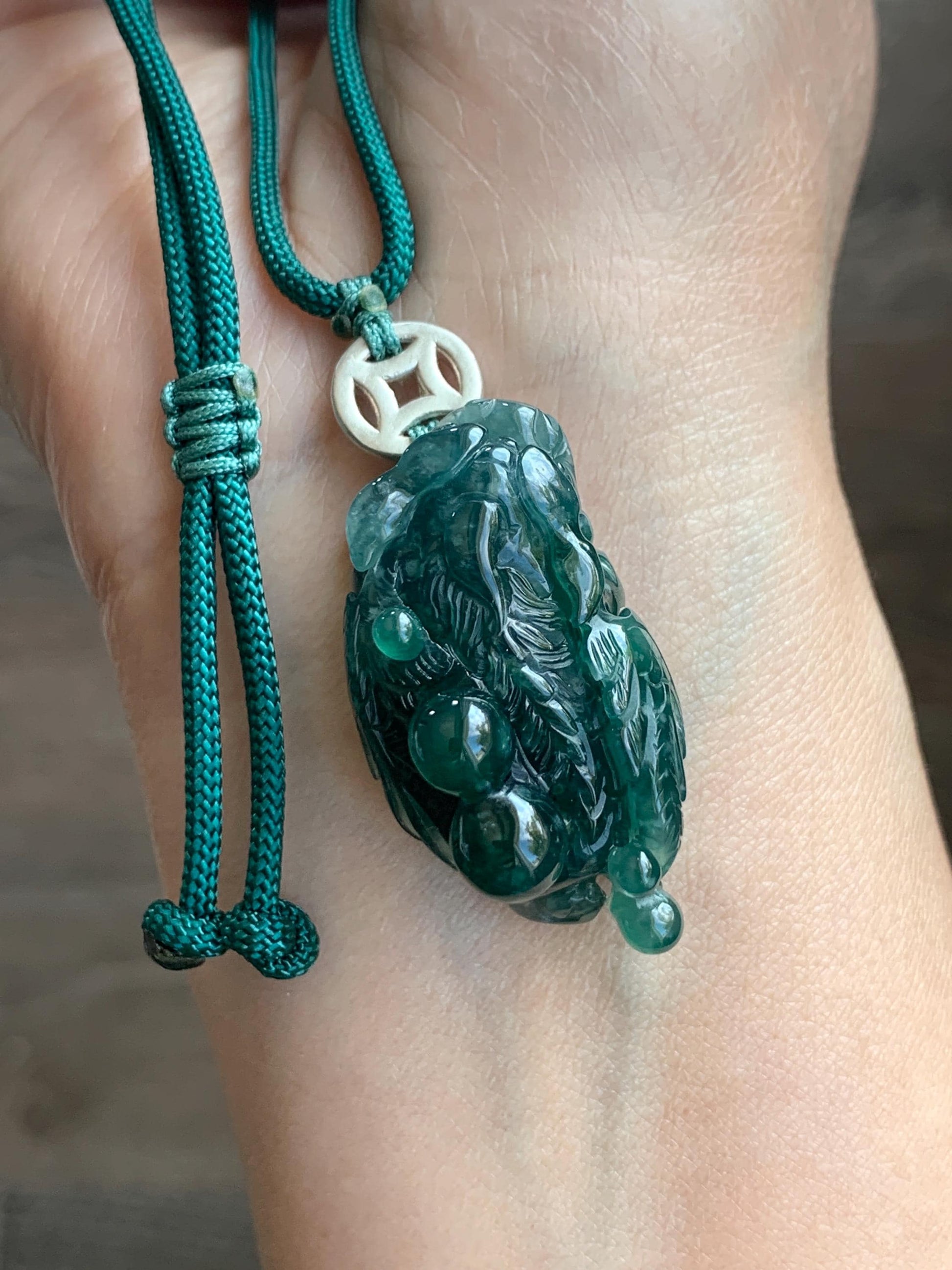 Natural Grade A Guatemalan Icy Translucent Dark Teal Green Jadeite Pixiu w/ Wings Pendant Rope Necklace 26" 20g 天然老种冰危深蓝绿翡翠飞天貔貅吊坠 FTP288