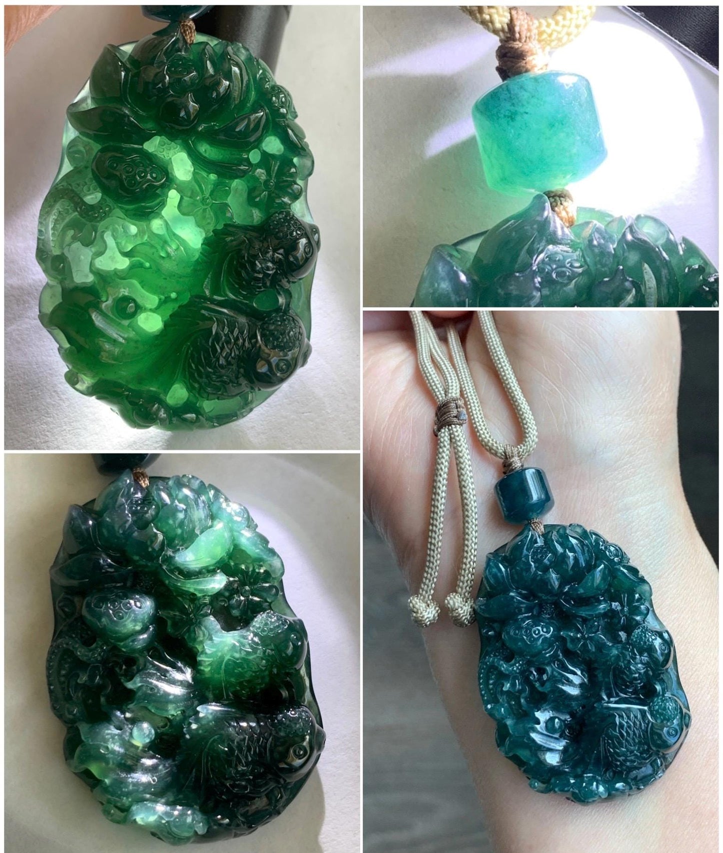 Certified Natural Guatemalan Icy Translucent Dark Teal Blue Jadeite Lotus Flower Goldfish Pendant Rope Necklace 29” 28g 天然冰危深蓝翡翠莲花鱼吊坠 1514