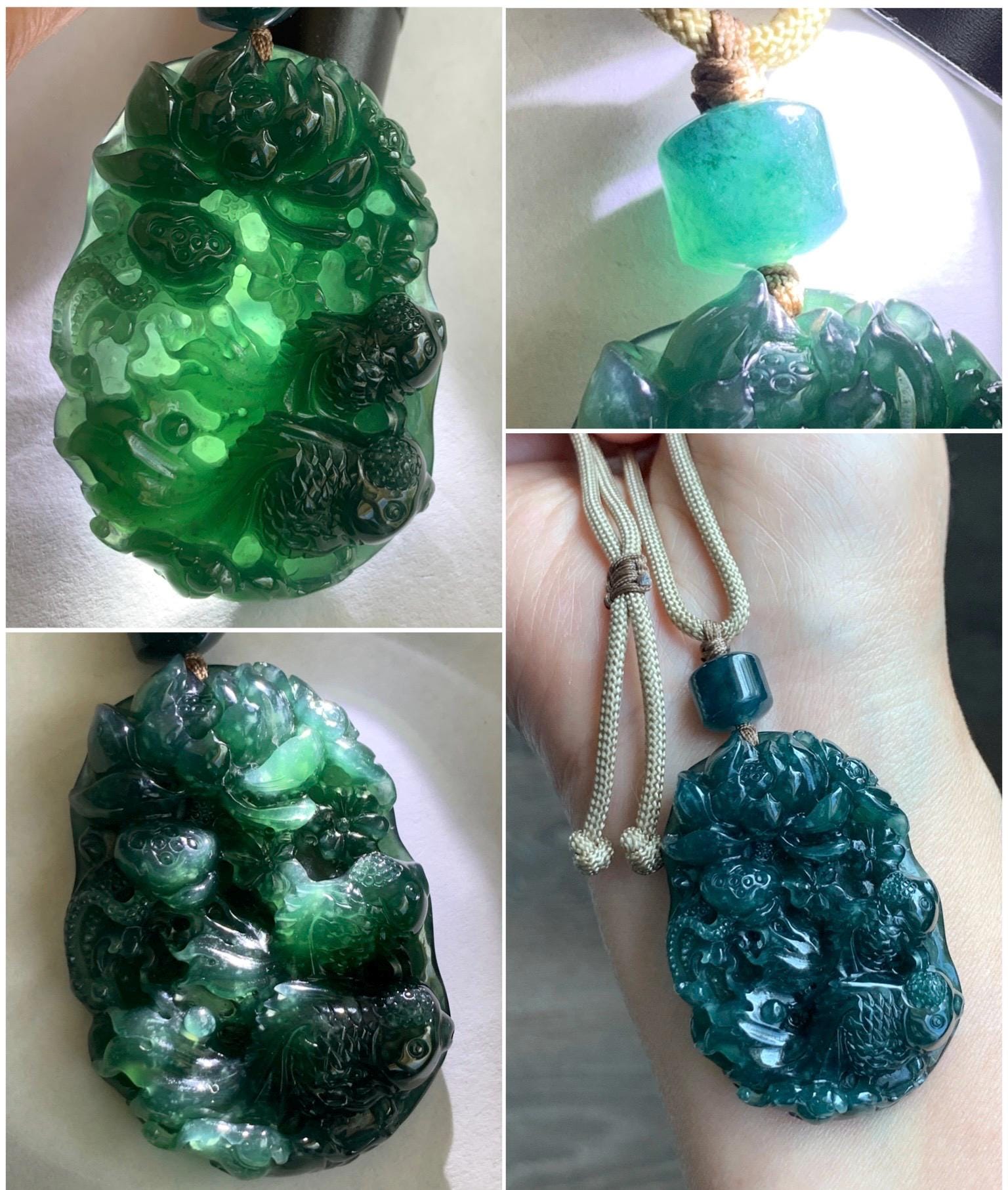 Certified Natural Guatemalan Icy Translucent Dark Teal Blue Jadeite Lotus Flower Goldfish Pendant Rope Necklace 29” 28g 天然冰危深蓝翡翠莲花鱼吊坠 1514