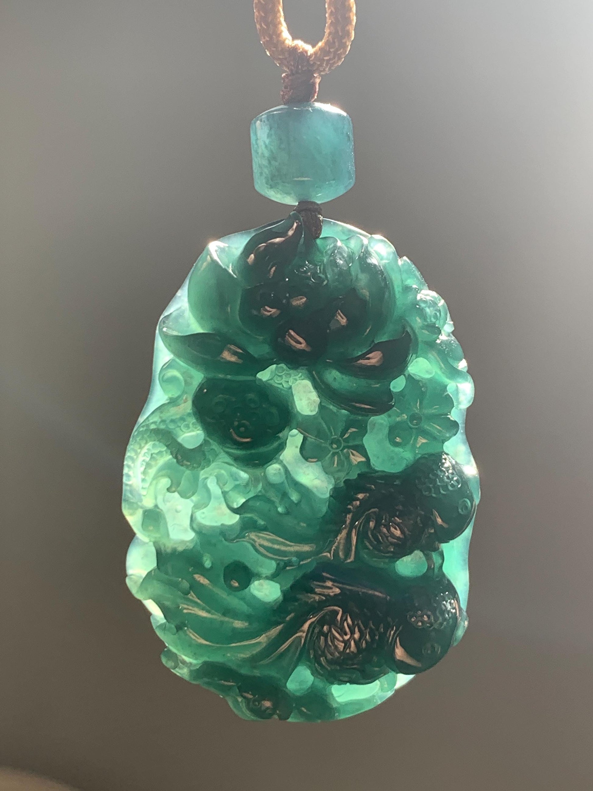Certified Natural Guatemalan Icy Translucent Dark Teal Blue Jadeite Lotus Flower Goldfish Pendant Rope Necklace 29” 28g 天然冰危深蓝翡翠莲花鱼吊坠 1514