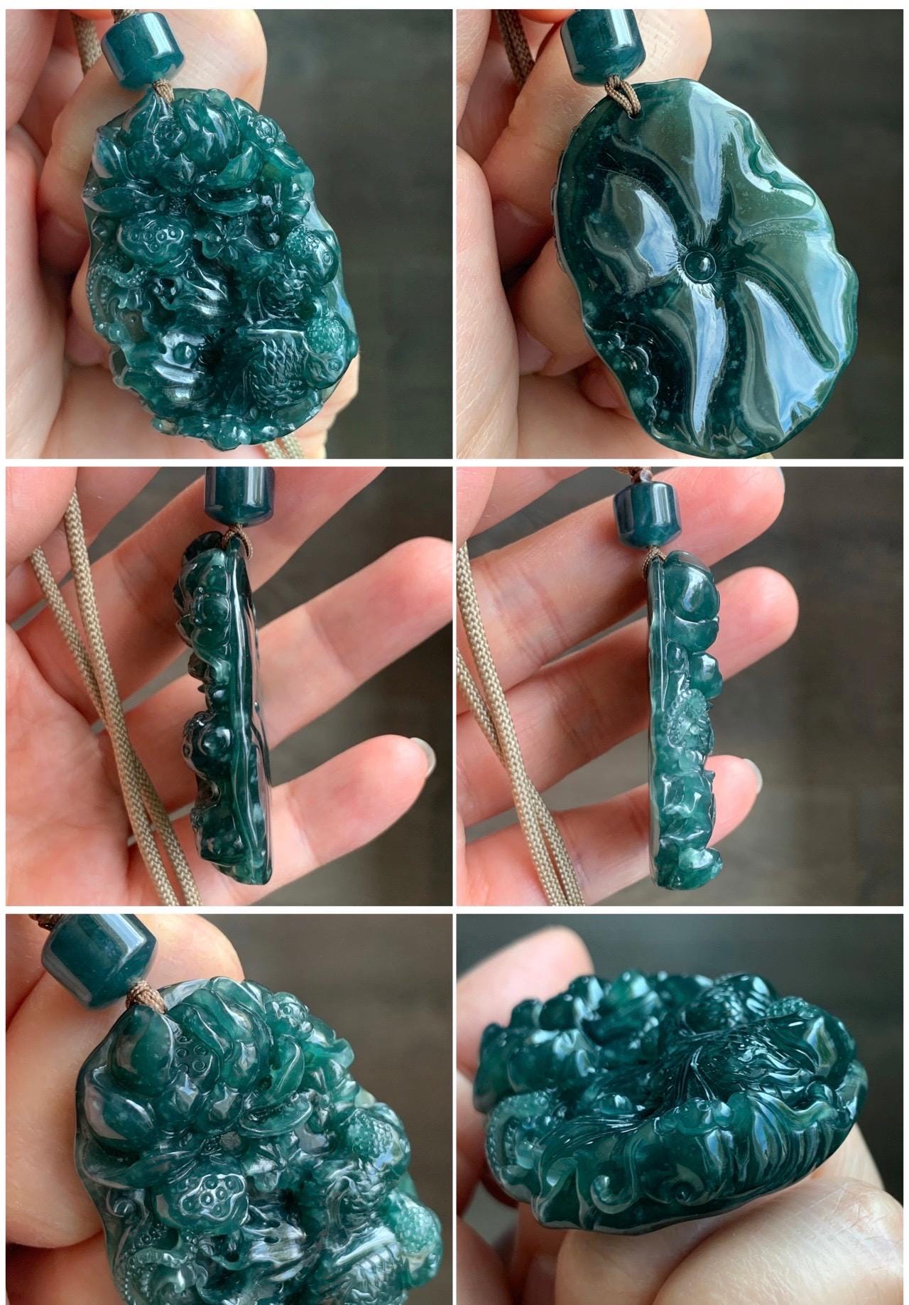 Certified Natural Guatemalan Icy Translucent Dark Teal Blue Jadeite Lotus Flower Goldfish Pendant Rope Necklace 29” 28g 天然冰危深蓝翡翠莲花鱼吊坠 1514