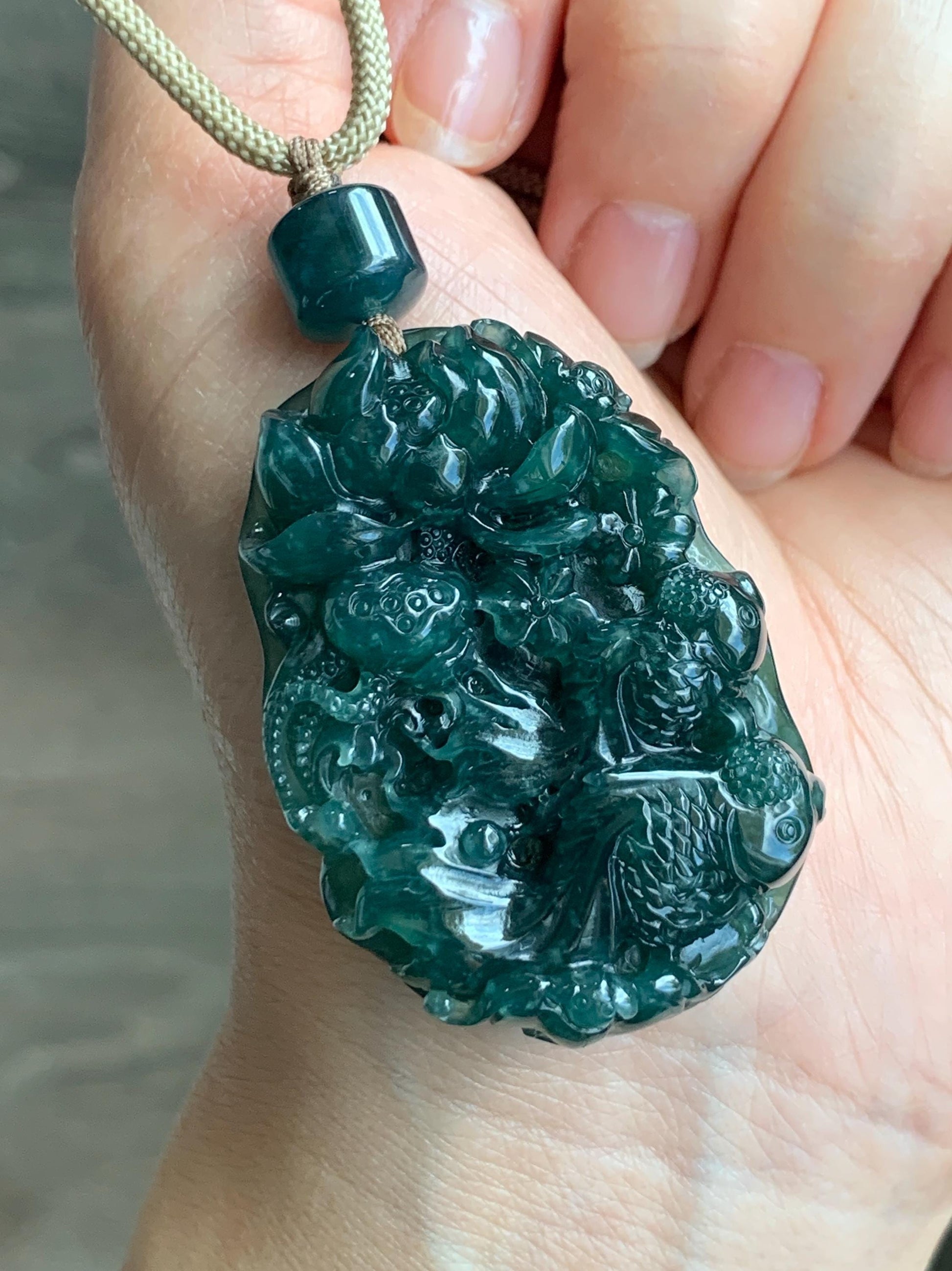 Certified Natural Guatemalan Icy Translucent Dark Teal Blue Jadeite Lotus Flower Goldfish Pendant Rope Necklace 29” 28g 天然冰危深蓝翡翠莲花鱼吊坠 1514