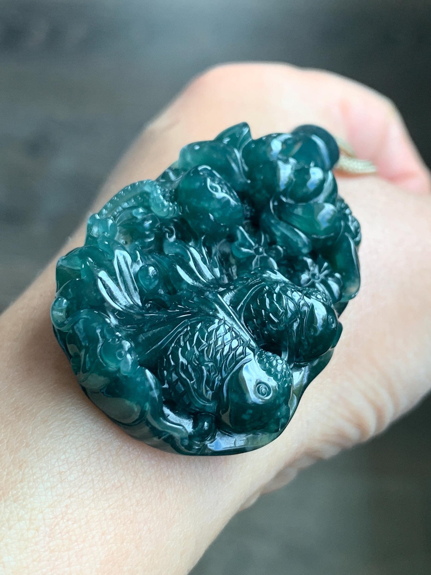 Certified Natural Guatemalan Icy Translucent Dark Teal Blue Jadeite Lotus Flower Goldfish Pendant Rope Necklace 29” 28g 天然冰危深蓝翡翠莲花鱼吊坠 1514