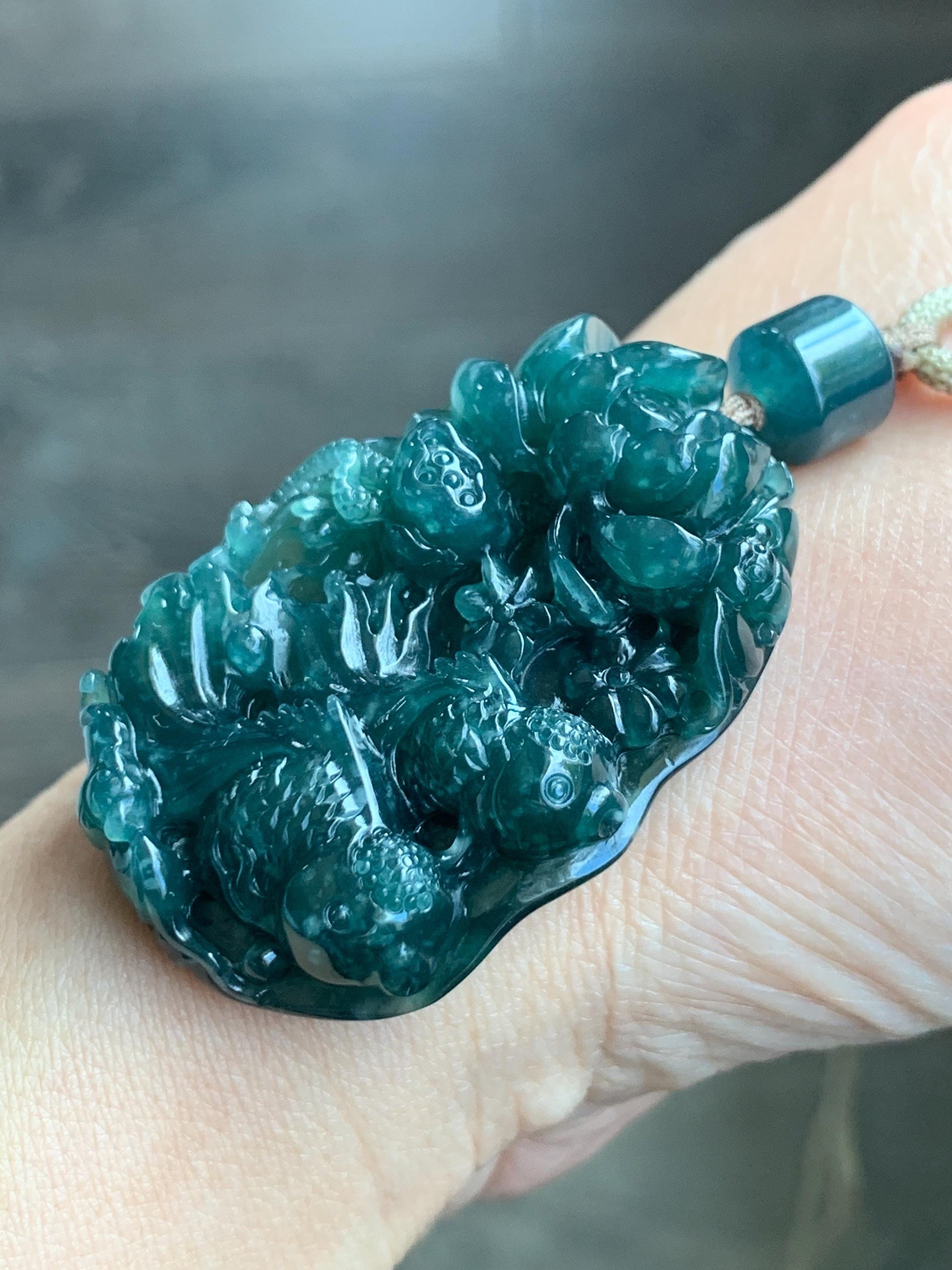 Certified Natural Guatemalan Icy Translucent Dark Teal Blue Jadeite Lotus Flower Goldfish Pendant Rope Necklace 29” 28g 天然冰危深蓝翡翠莲花鱼吊坠 1514
