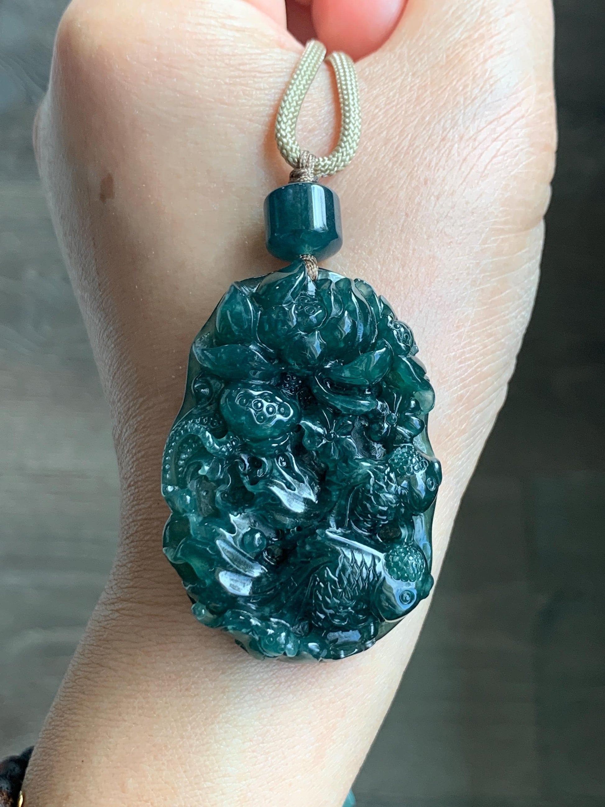 Certified Natural Guatemalan Icy Translucent Dark Teal Blue Jadeite Lotus Flower Goldfish Pendant Rope Necklace 29” 28g 天然冰危深蓝翡翠莲花鱼吊坠 1514