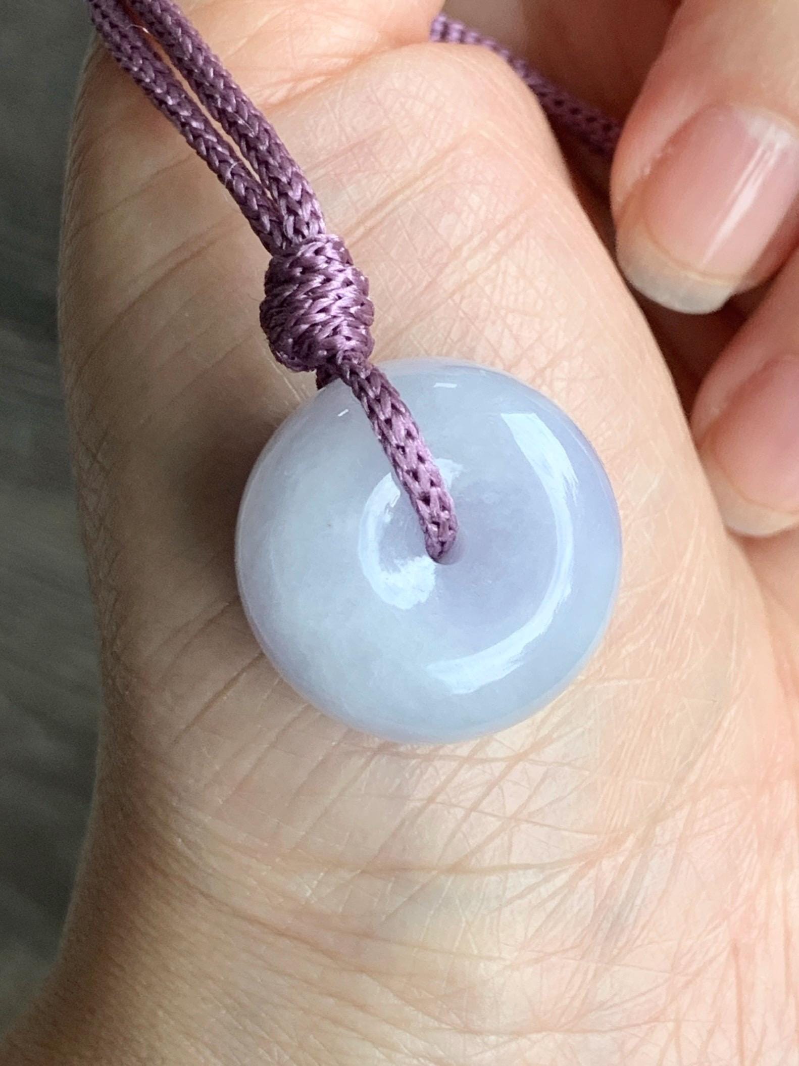 Certified Natural Grade A Icy Translucent Light Purple Jadeite Ping An Kou Thick Donut Pendant Rope Necklace 25” 12g 天然冰紫翡翠厚平安扣吊坠 1511