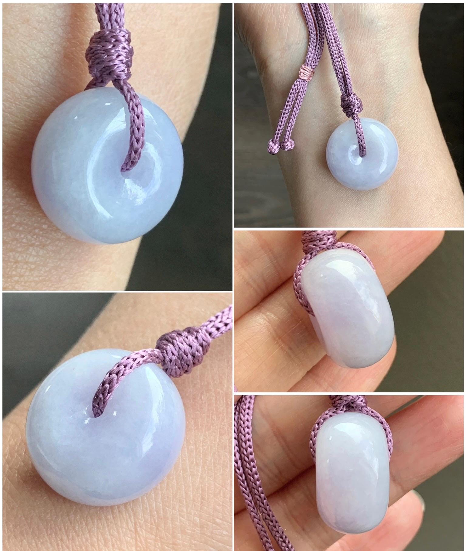 Certified Natural Grade A Icy Translucent Light Purple Jadeite Ping An Kou Thick Donut Pendant Rope Necklace 25” 12g 天然冰紫翡翠厚平安扣吊坠 1511