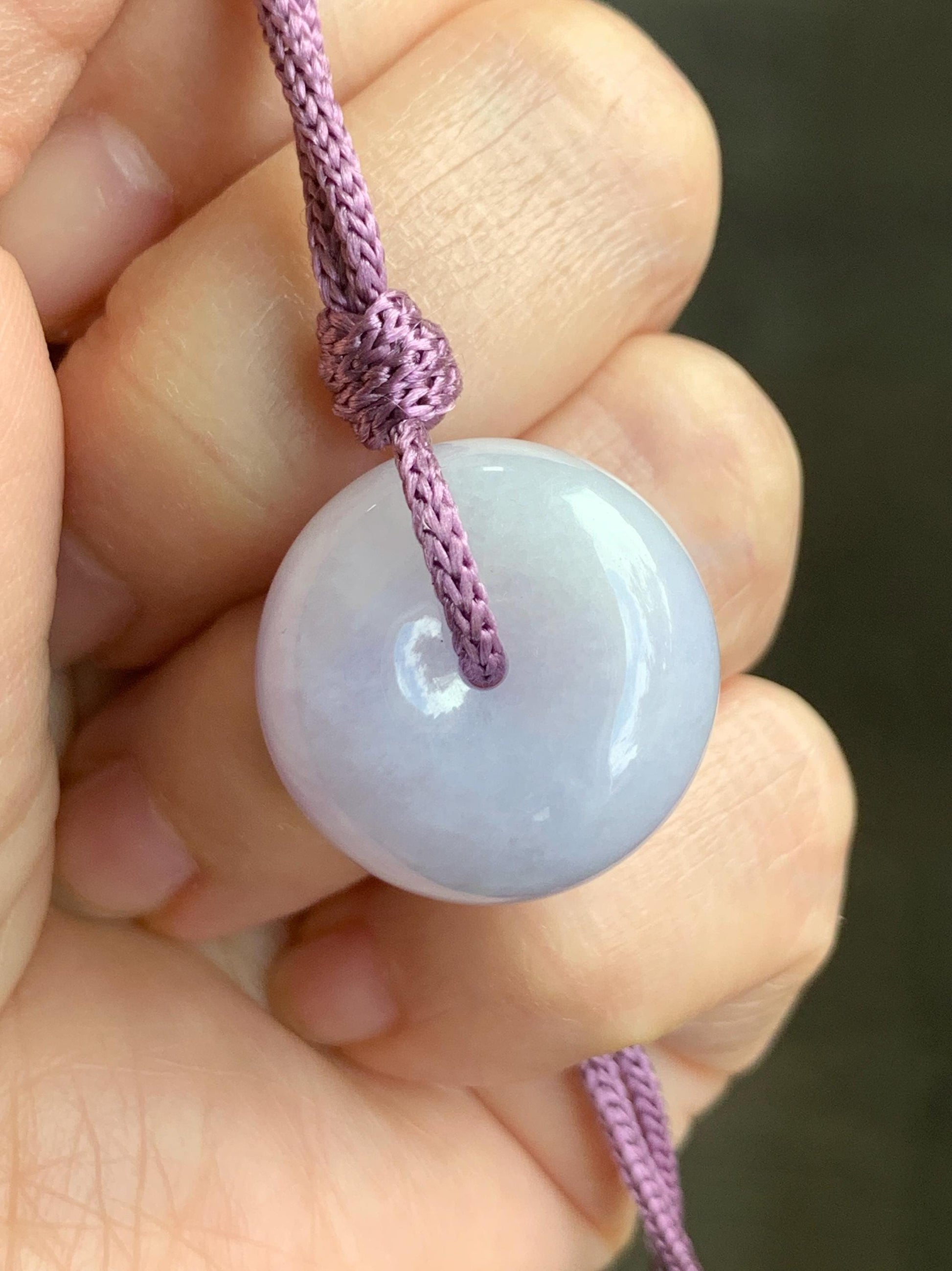 Certified Natural Grade A Icy Translucent Light Purple Jadeite Ping An Kou Thick Donut Pendant Rope Necklace 25” 12g 天然冰紫翡翠厚平安扣吊坠 1511