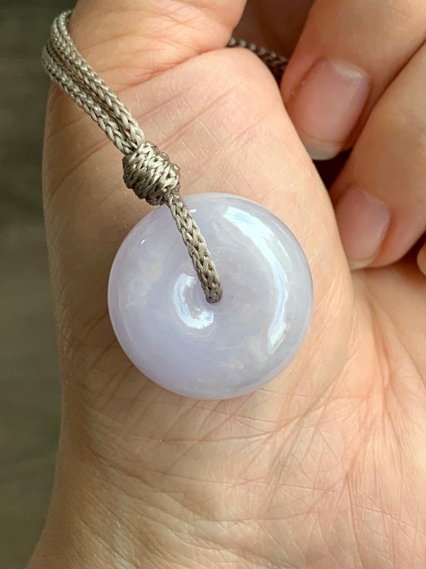 Certified Natural Grade A Icy Translucent Light Purple Jadeite Ping An Kou Thick Donut Pendant Rope Necklace 26” 13.9g 天然冰紫翡翠厚平安扣吊坠 1509